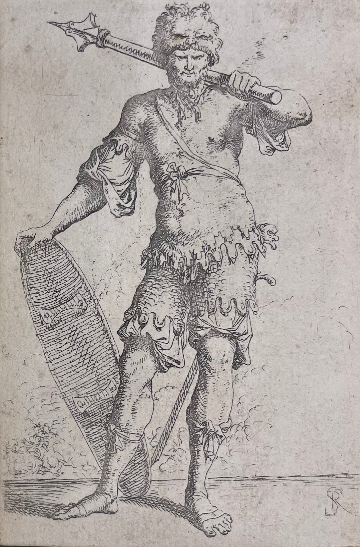 Salvator Rosa (Naples, 1615 – Rome, 1673). Warrior with Mace and Shield. Engraving, circa 1650–1652.