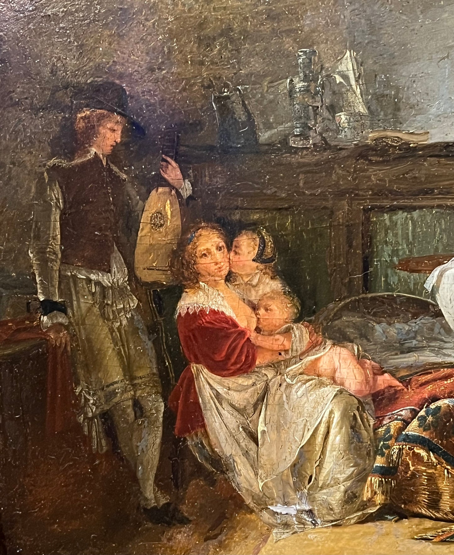 Jean-Baptiste Mallet (1759–1835), attribuito – Interno seicentesco con madre, bambini e musico con liuto