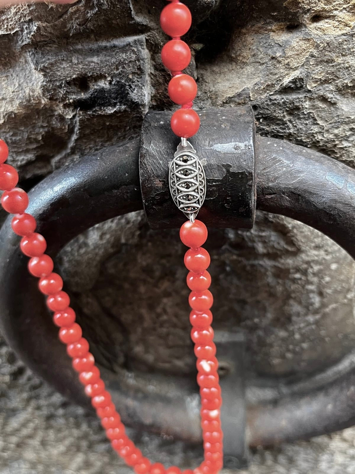 Natural Coral Necklace, Mid 20th Century with Art Deco Silver Clasp