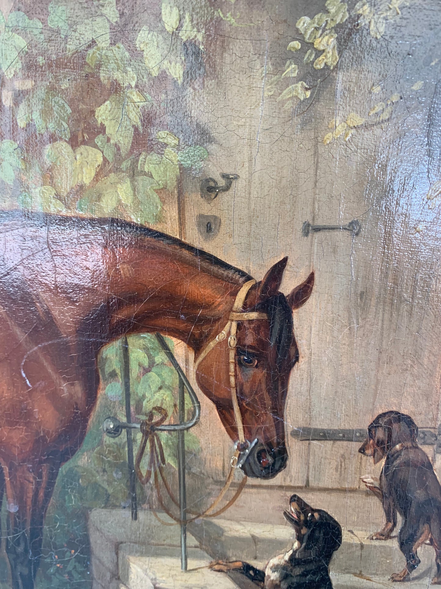 Courtyard Scene with Horse and Two Dachshunds. Anno 1870