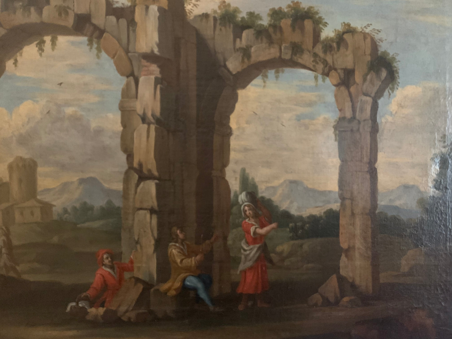 Roman school. Lazio landscape. Early 18th century. Architectual Capriccio with ruins of Ancient Rome