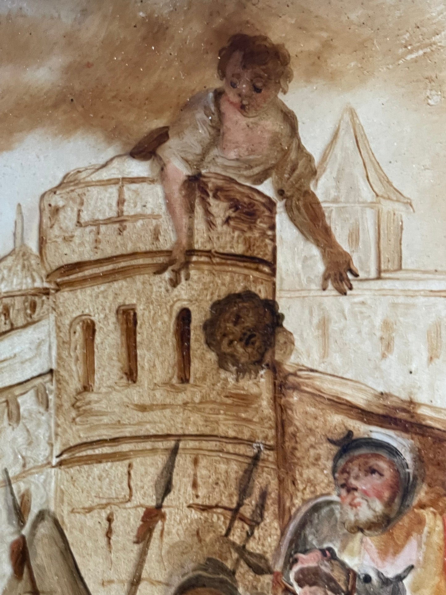 Dipinto sottovetro con scena di assedio, cavalieri e tende militari, XVIII secolo, Venezia (?)