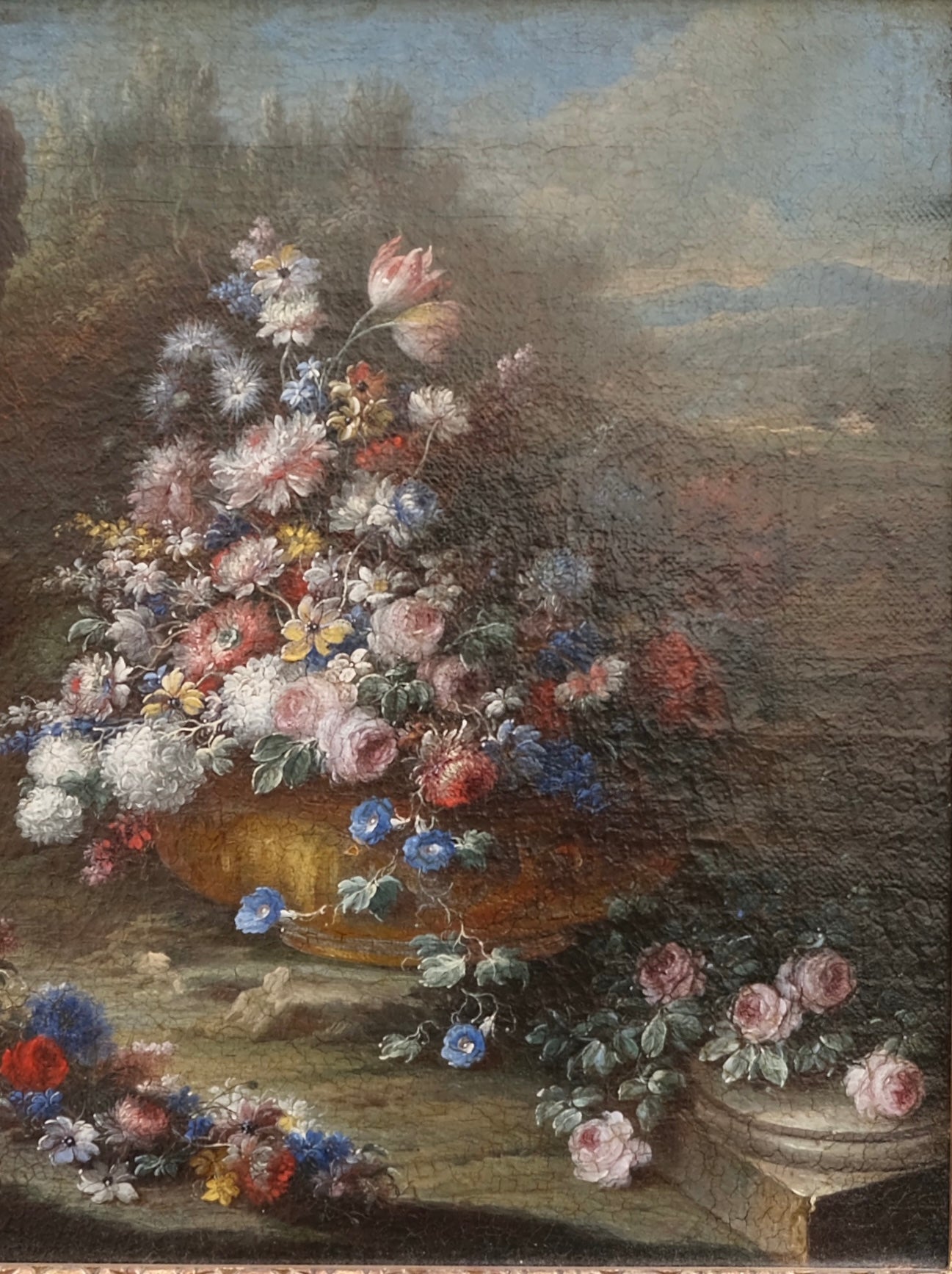 Gaspare Lopez, attribuzione Natura morta con grande vaso e cascata di fiori in un giardino, Napoli, c. 1720