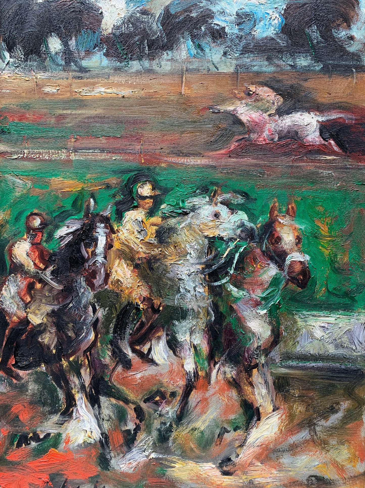 At the Racetrack, horses in the Cascine, Florence. Painting by Emanuele Cappello, born in 1936