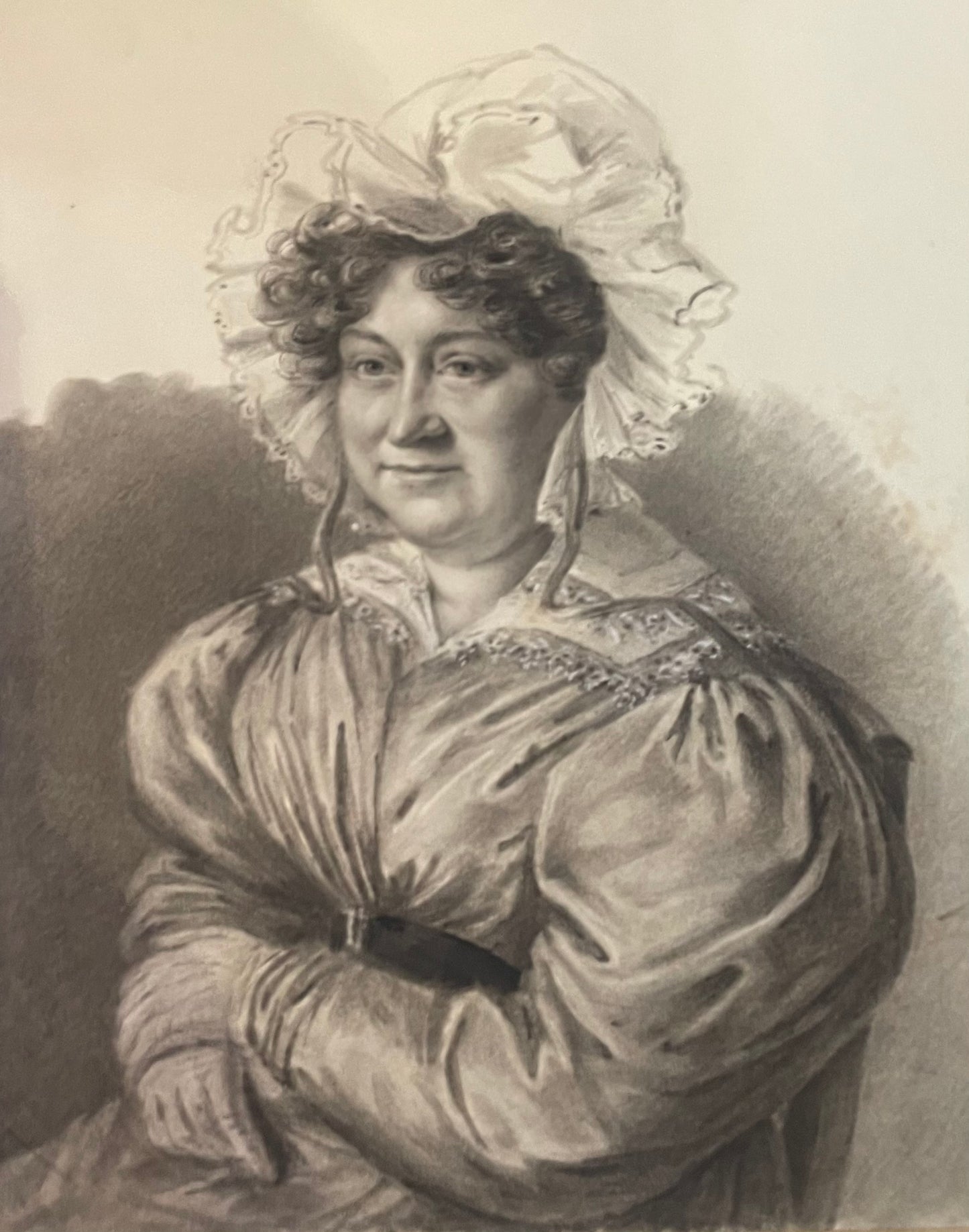 Ritratto a carboncino di dama con la cuffia . Circa 1830