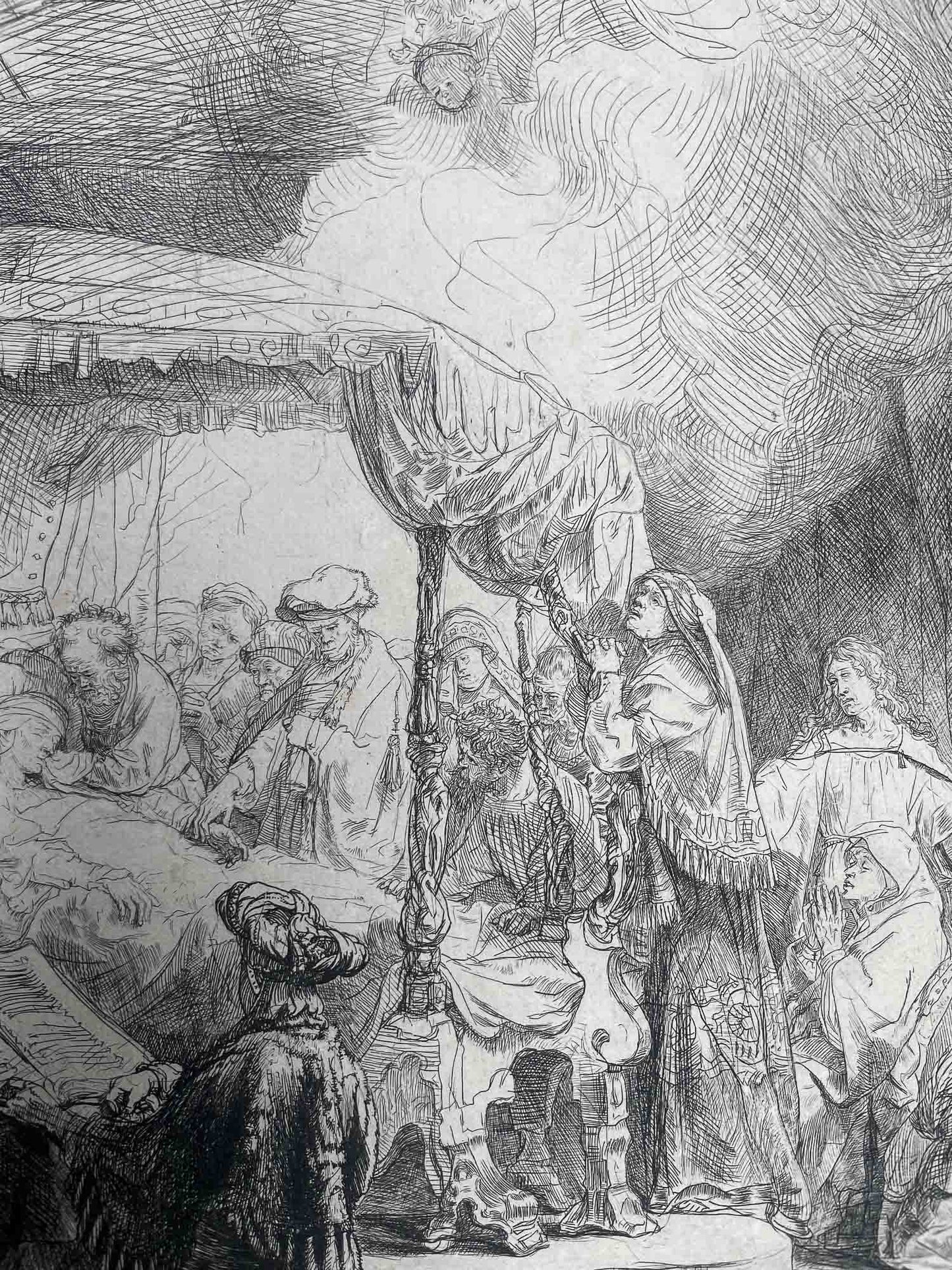 Rembrandt van Rijn, Il transito della Madonna, incisione antica, lastra del 1639, terzo stato.