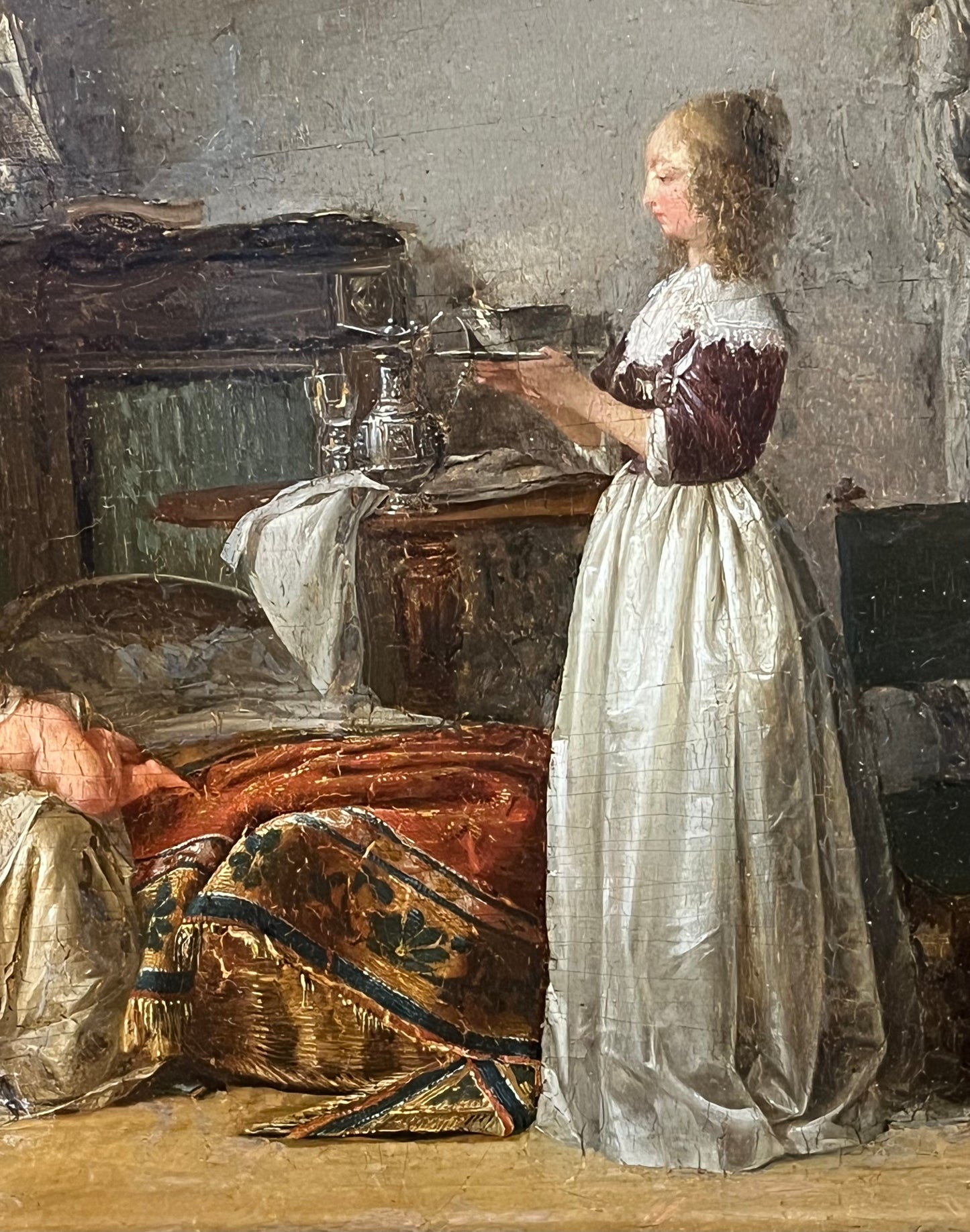 Jean-Baptiste Mallet (1759–1835), attribuito – Interno seicentesco con madre, bambini e musico con liuto