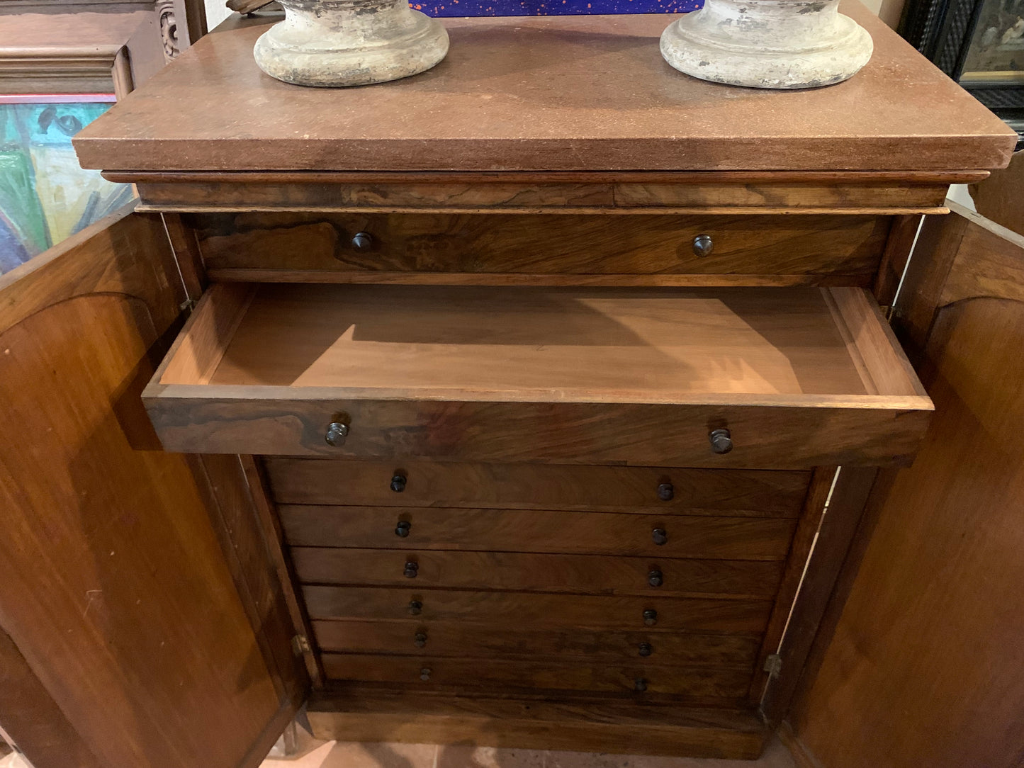 Drawer Archive Cabinet for Documents and Maps, 19th Century, Walnut Veneered Wood with Scagliola Top