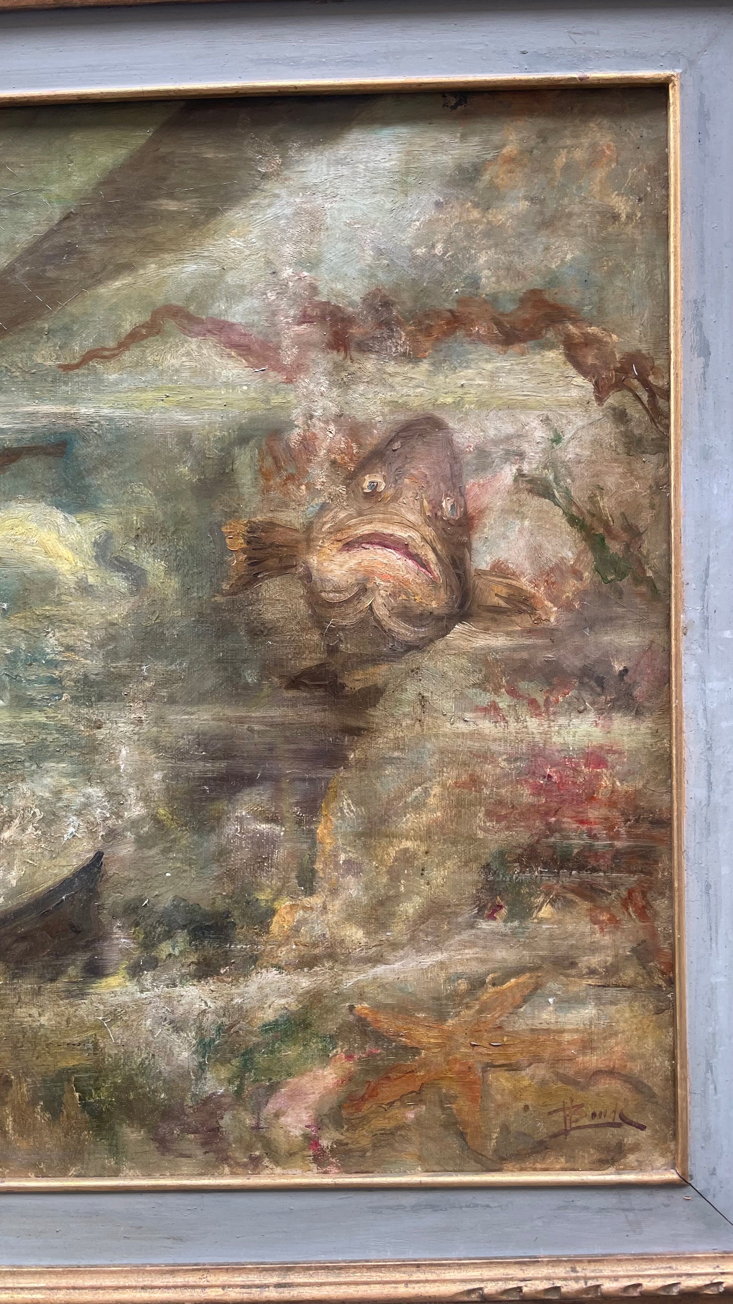 Subacqueo con cernia sotto una barca - Metà del XX secolo. Cm 99 x 74