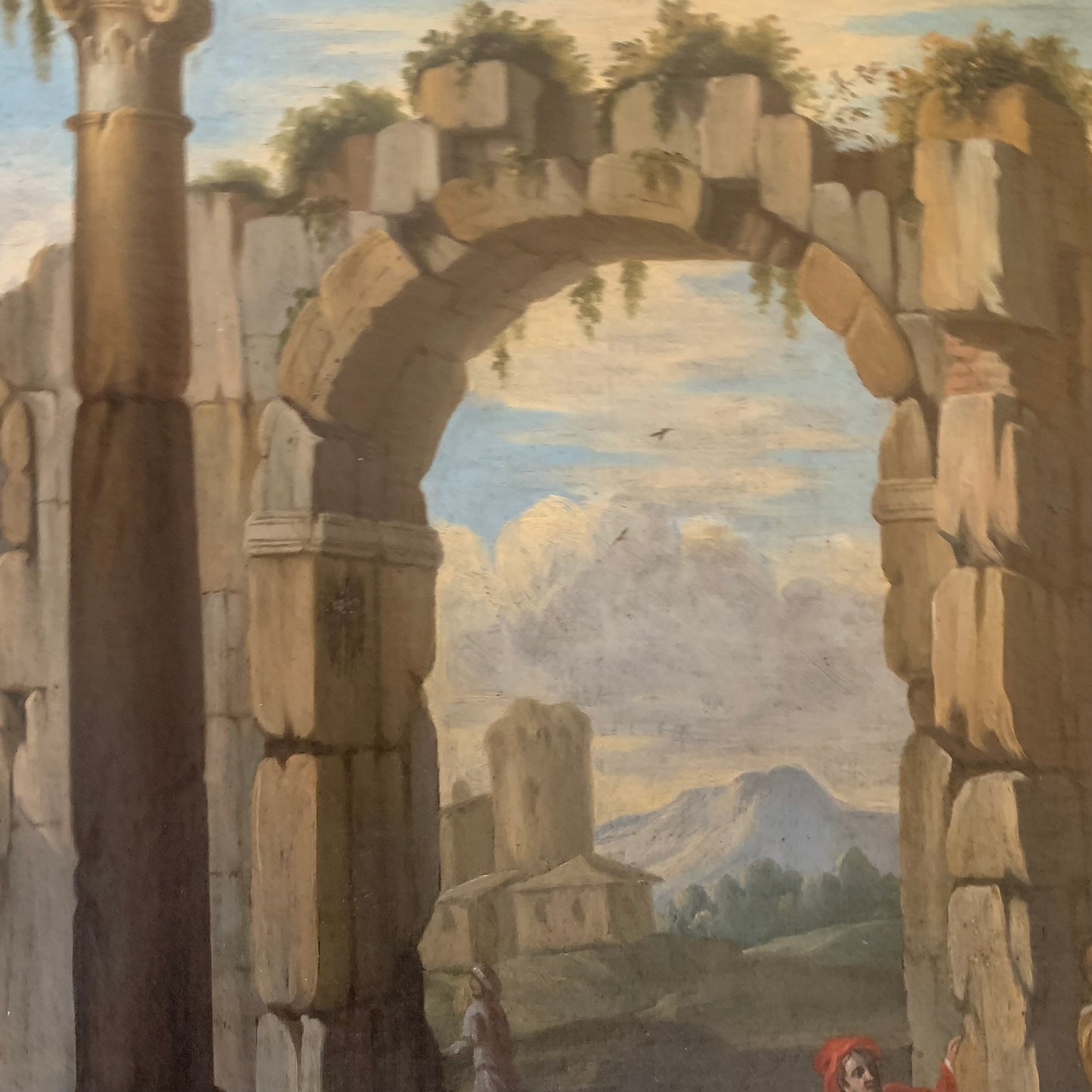 Roman school. Lazio landscape. Early 18th century. Architectual Capriccio with ruins of Ancient Rome