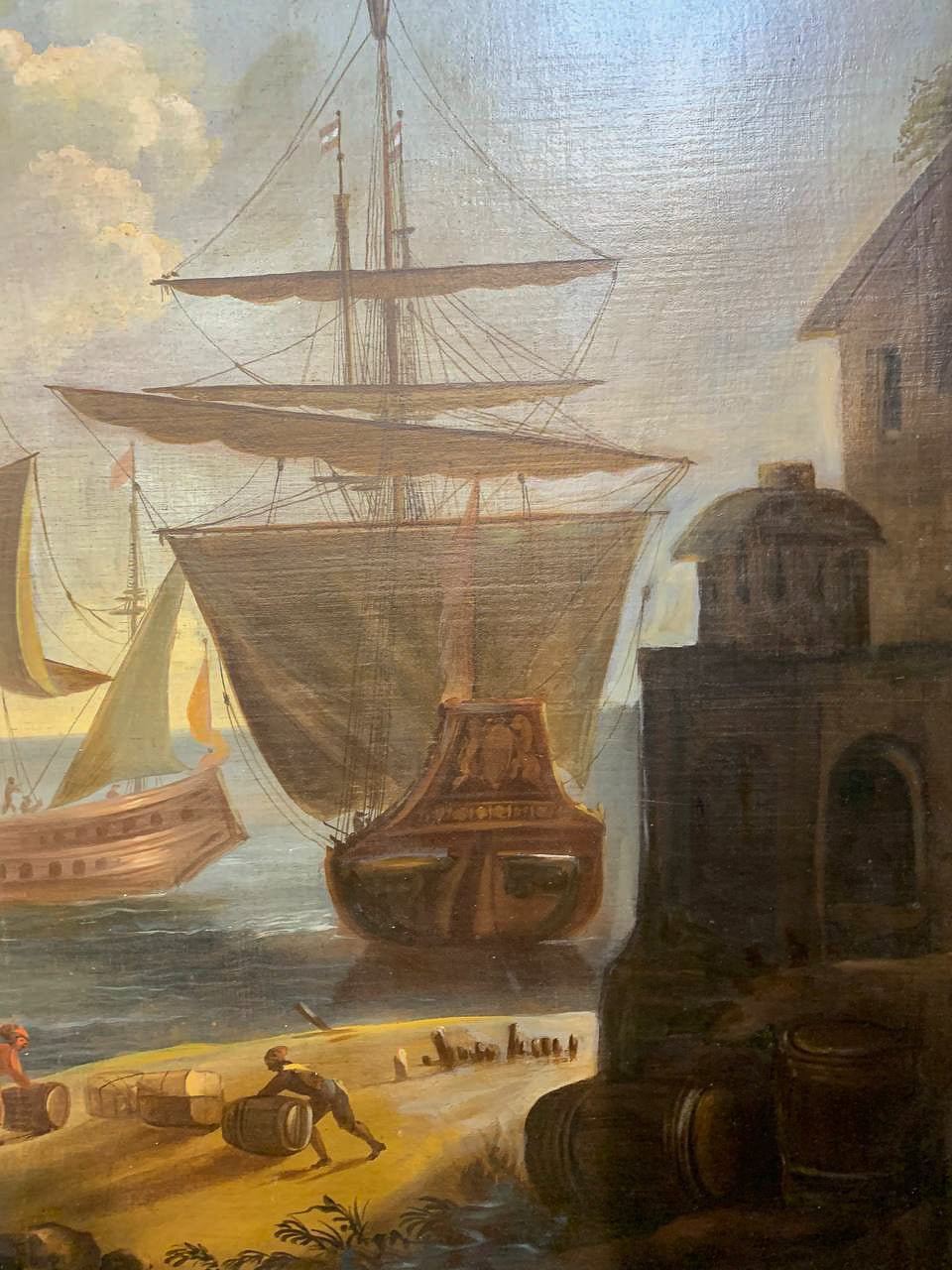 Large Marine painting with Ships in the port.  1690-1720 circa. Cm 110x 118