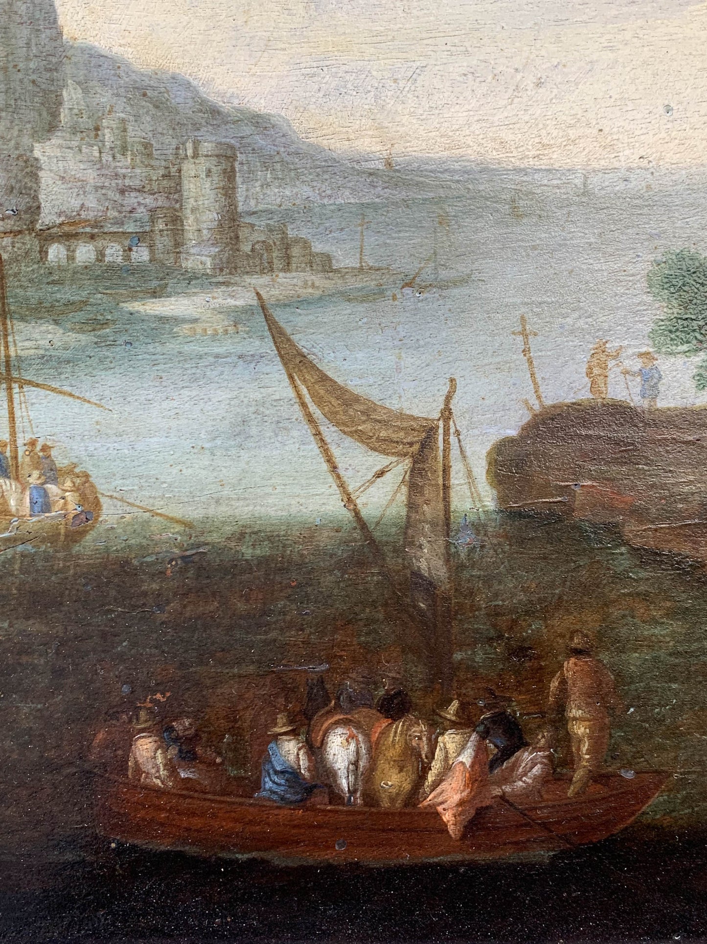 Paesaggio roccioso con barche, uomini e cavalli. XVII secolo. Pittore del manors Europa attivo in Italia