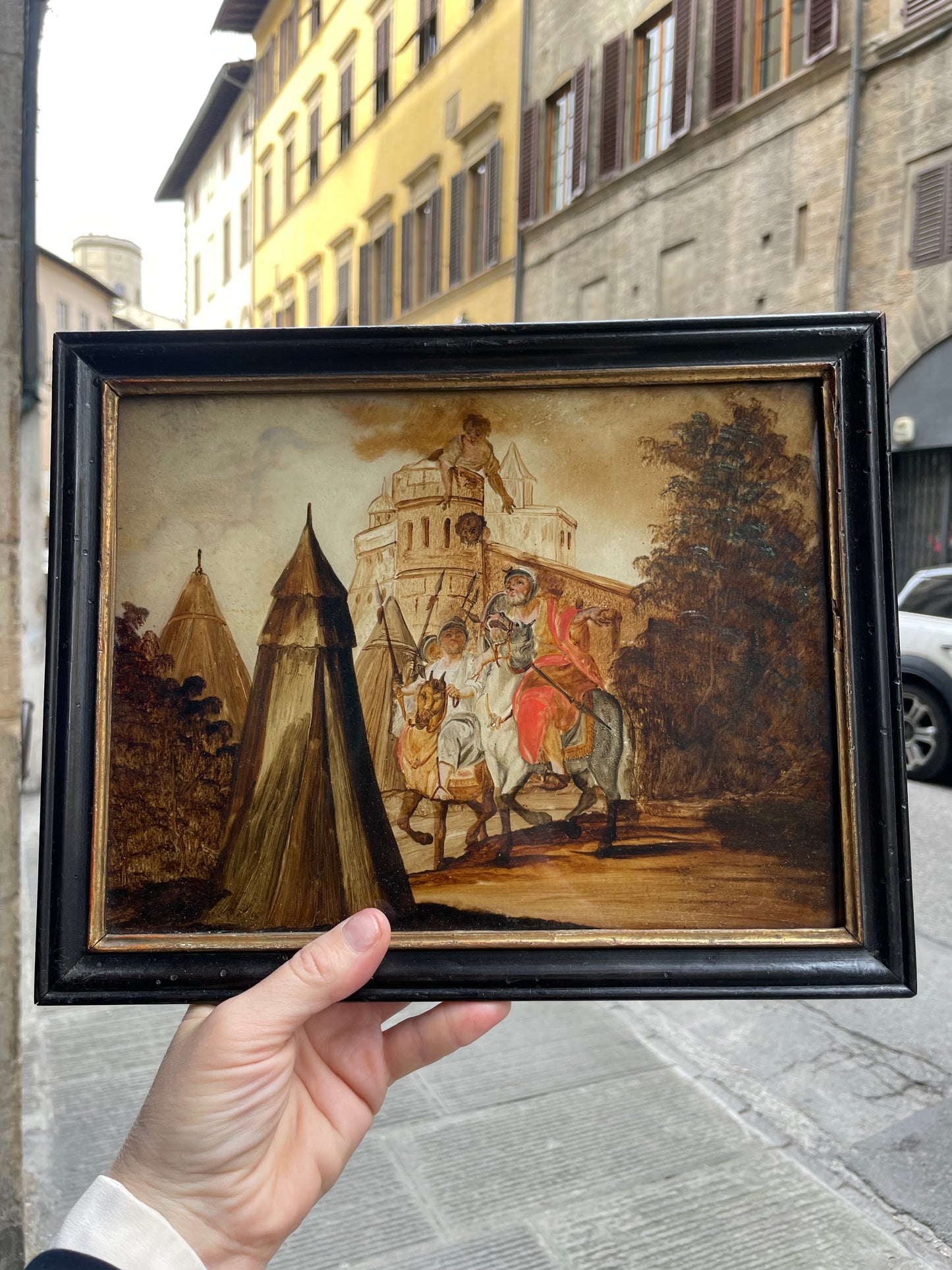 Dipinto sottovetro con scena di assedio, cavalieri e tende militari, XVIII secolo, Venezia (?)