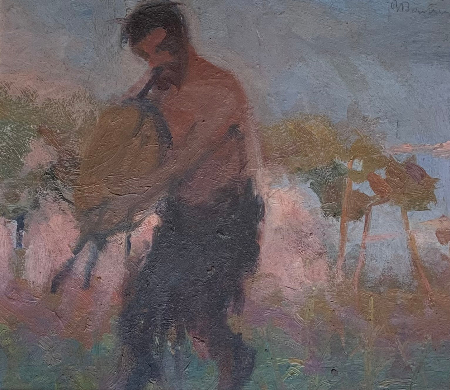 Satyr Playing the Bagpipes at Sunset. Symbolist Painting from the Early 20th Century