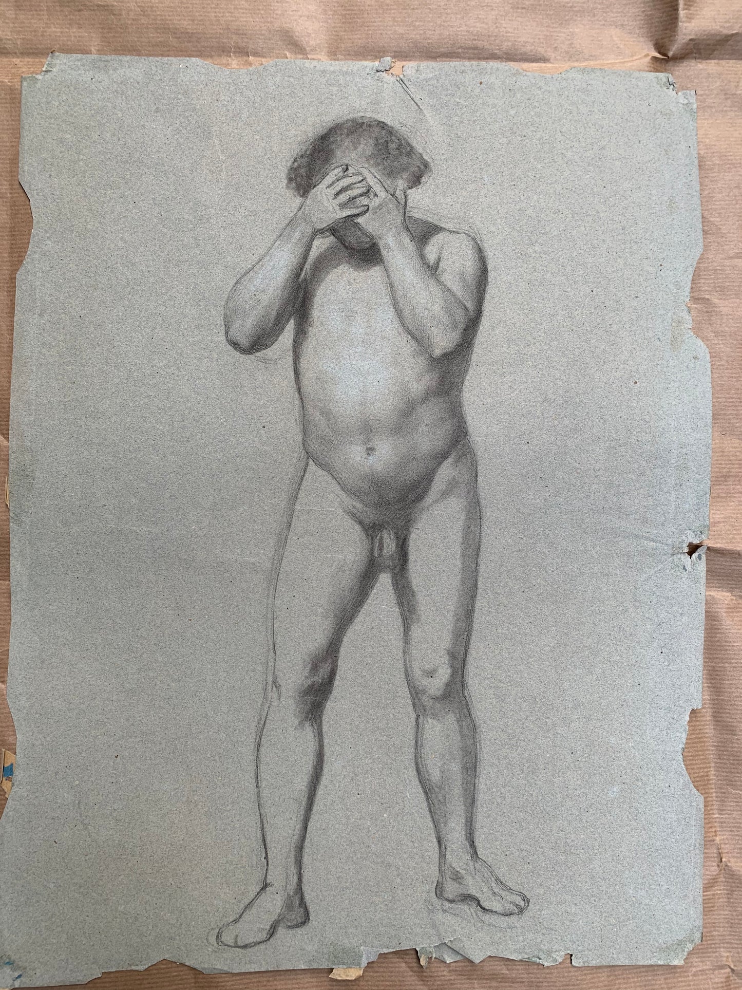 Preparatory anatomical study for the figure of a man with hands on his face.