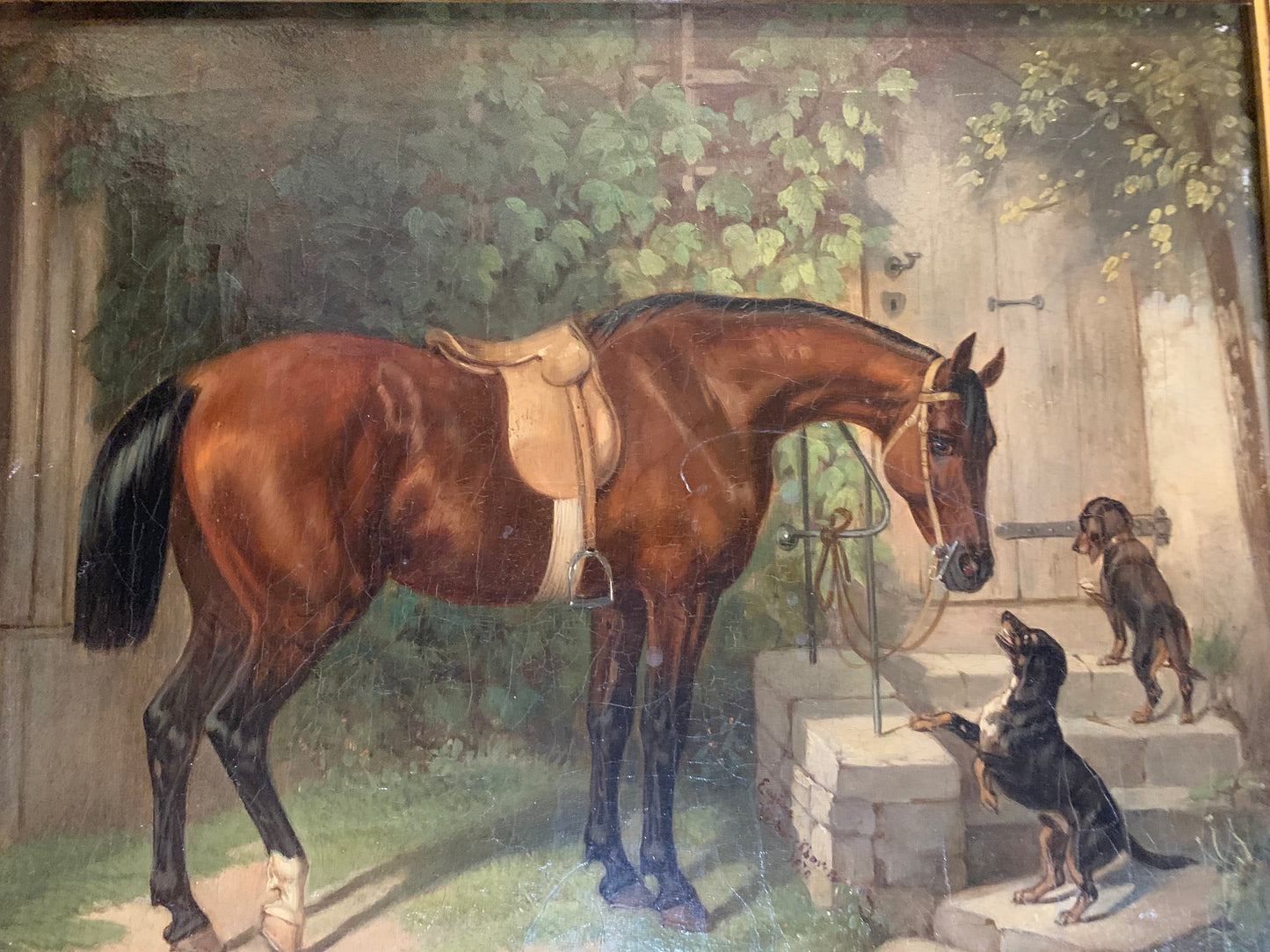 Courtyard Scene with Horse and Two Dachshunds. Anno 1870