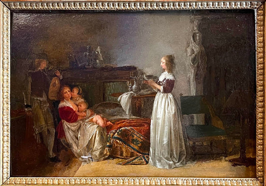 Jean-Baptiste Mallet (1759–1835), attribuito – Interno seicentesco con madre, bambini e musico con liuto