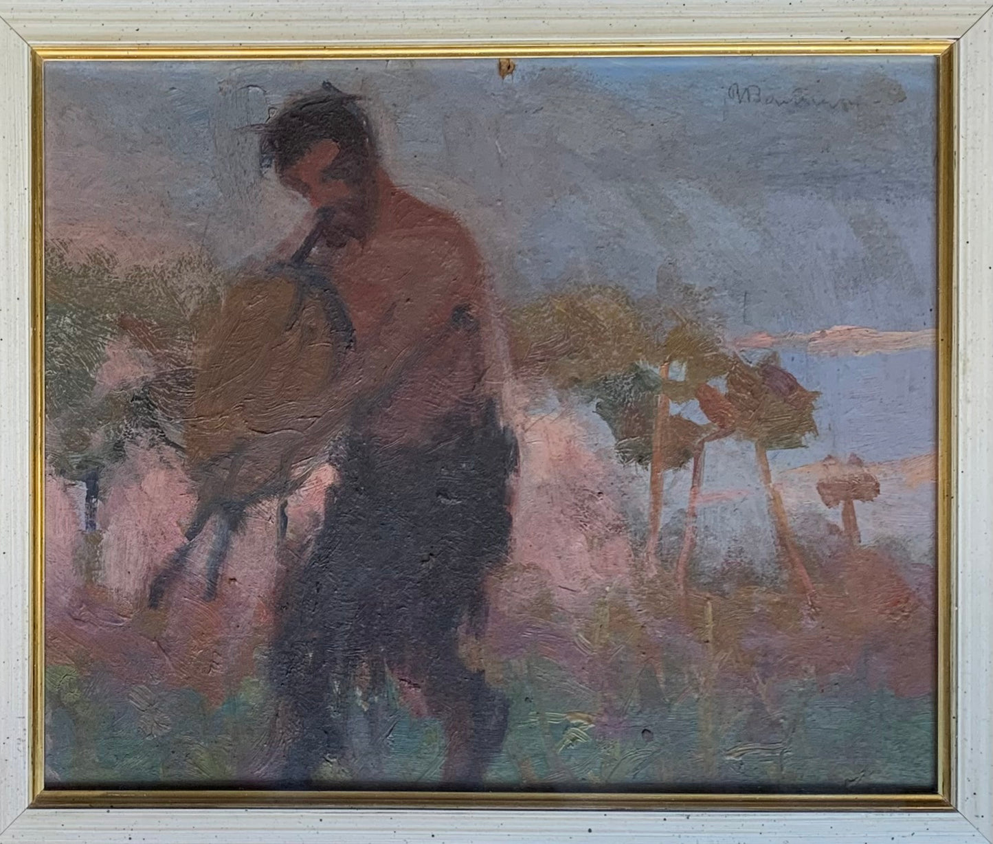 Satyr Playing the Bagpipes at Sunset. Symbolist Painting from the Early 20th Century