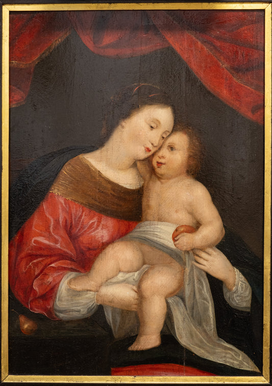 Flemish XVII century Madonna with child and pear.