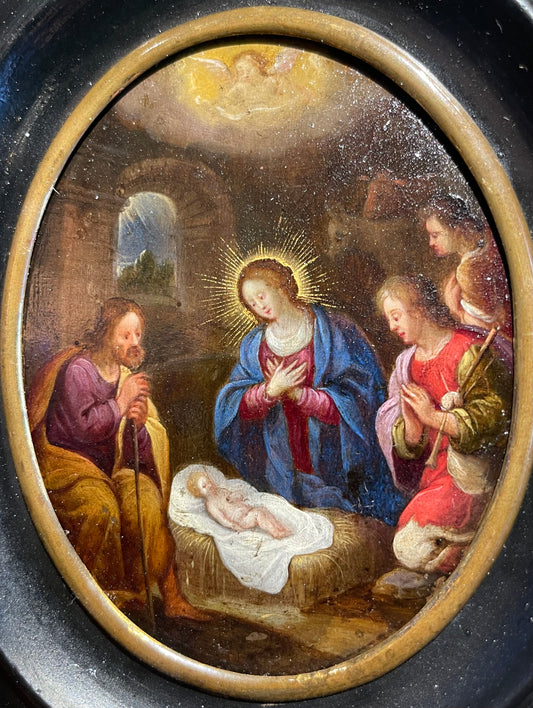 Reserved adorazione dei pastori. Scuola fiamminga, XVII secolo. Olio su rame