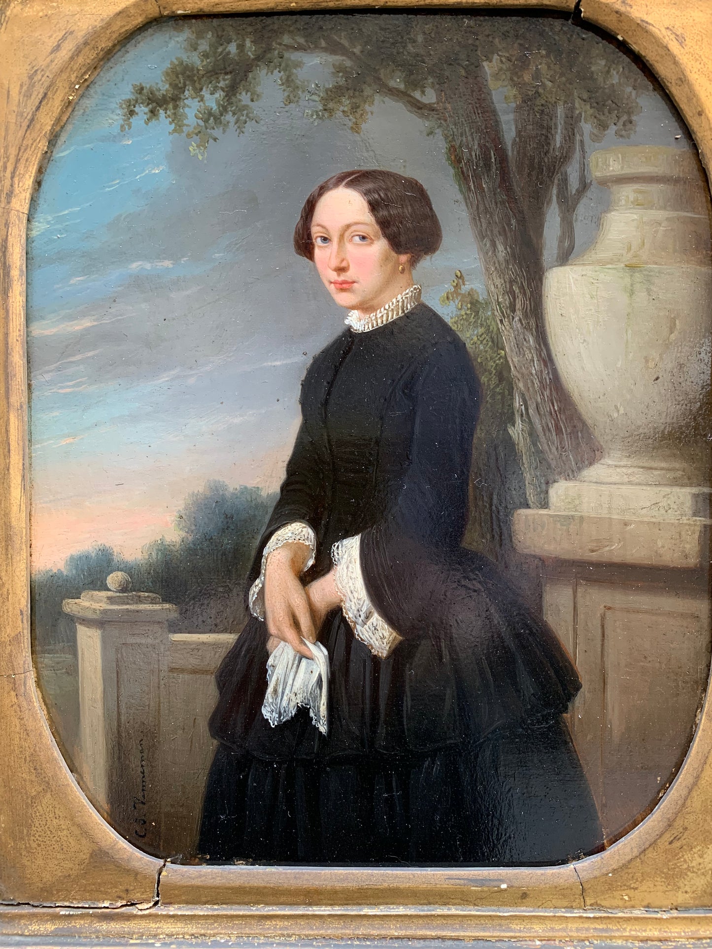 Portrait of an elegant woman in the park with at sunset. Circa 1845.