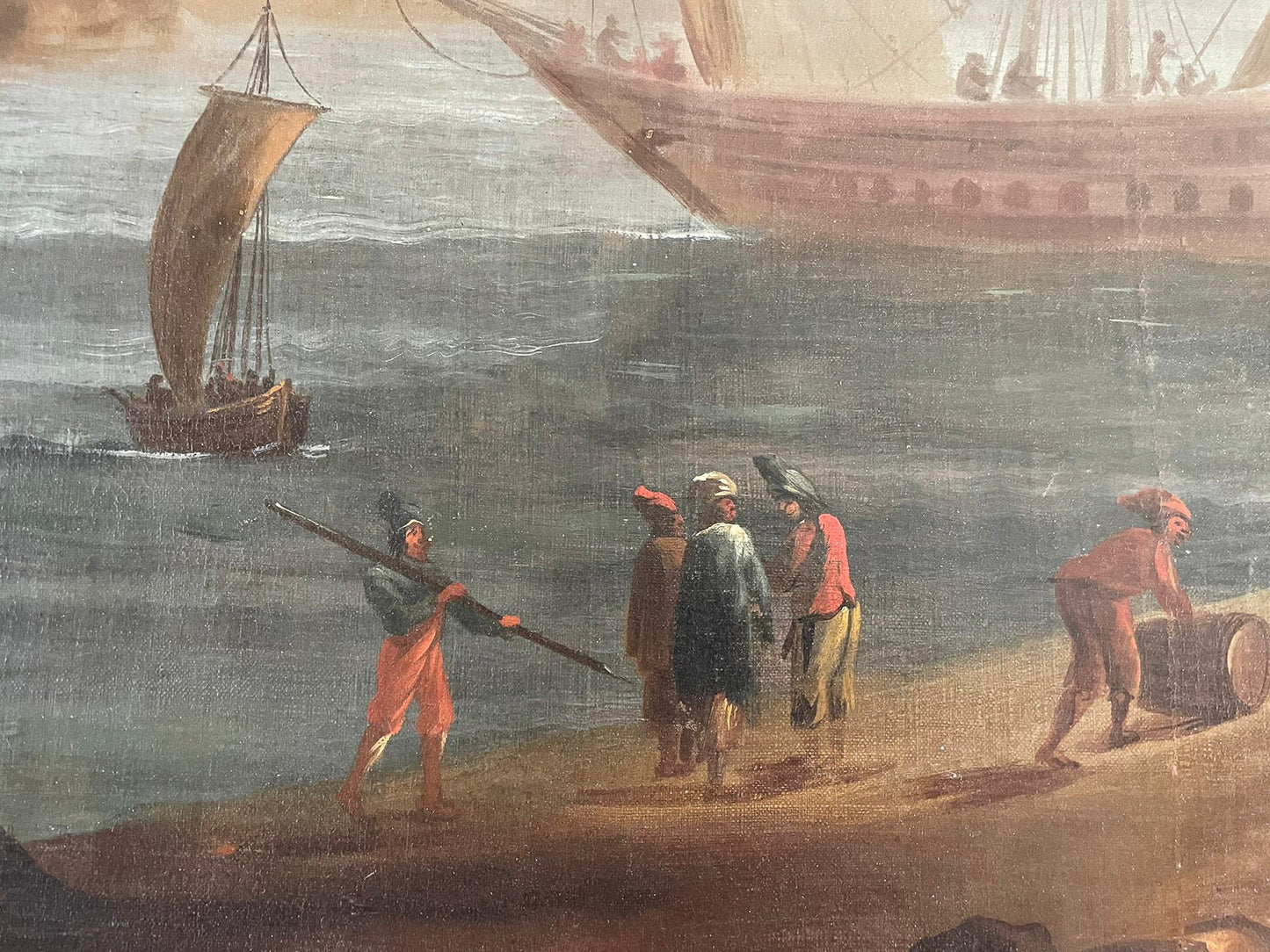 Large Marine painting with Ships in the port.  1690-1720 circa. Cm 110x 118