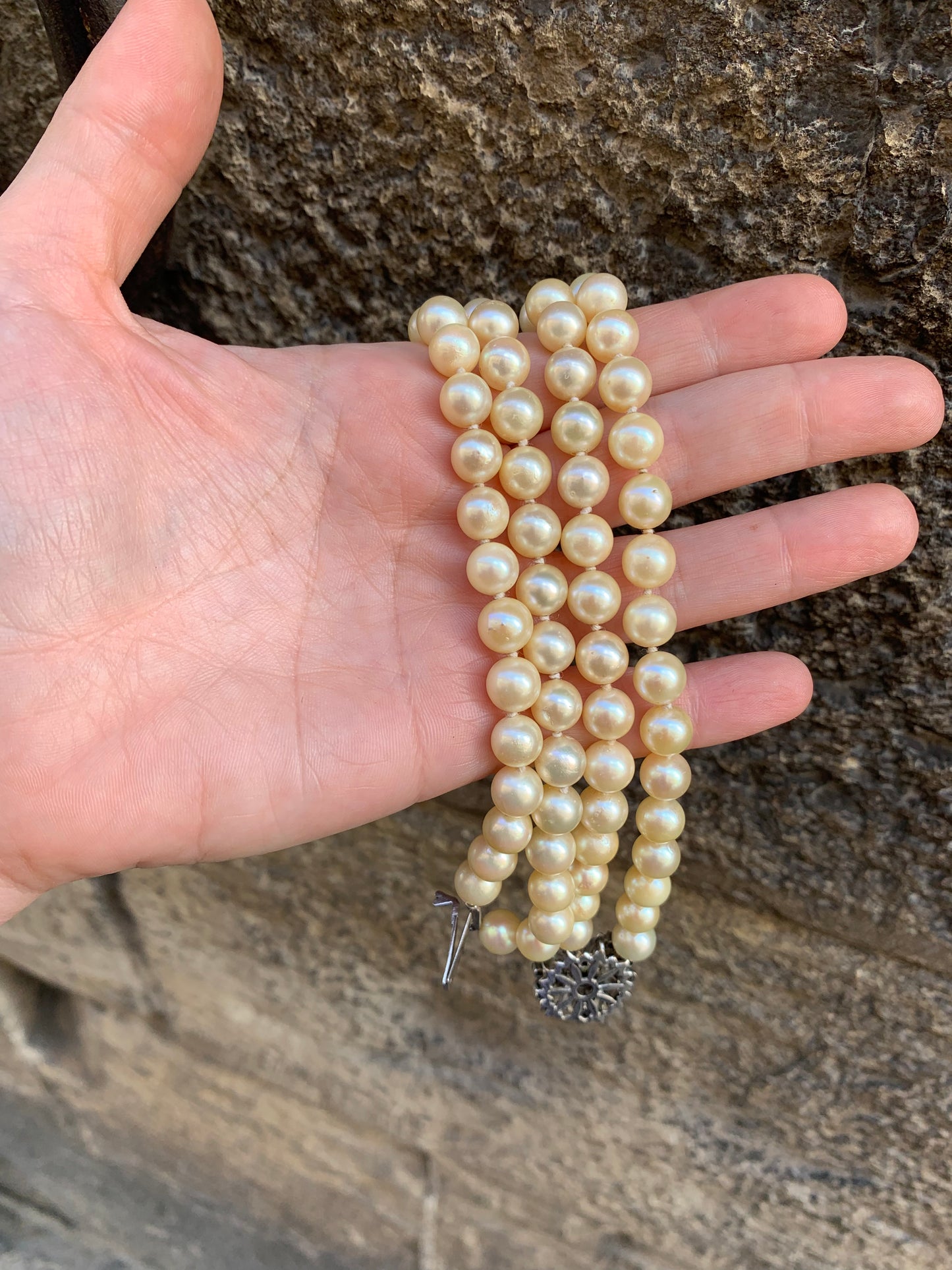 Vintage 1960s Double Strand Cultured Pearl and White Gold and Emerald Clasp Necklace