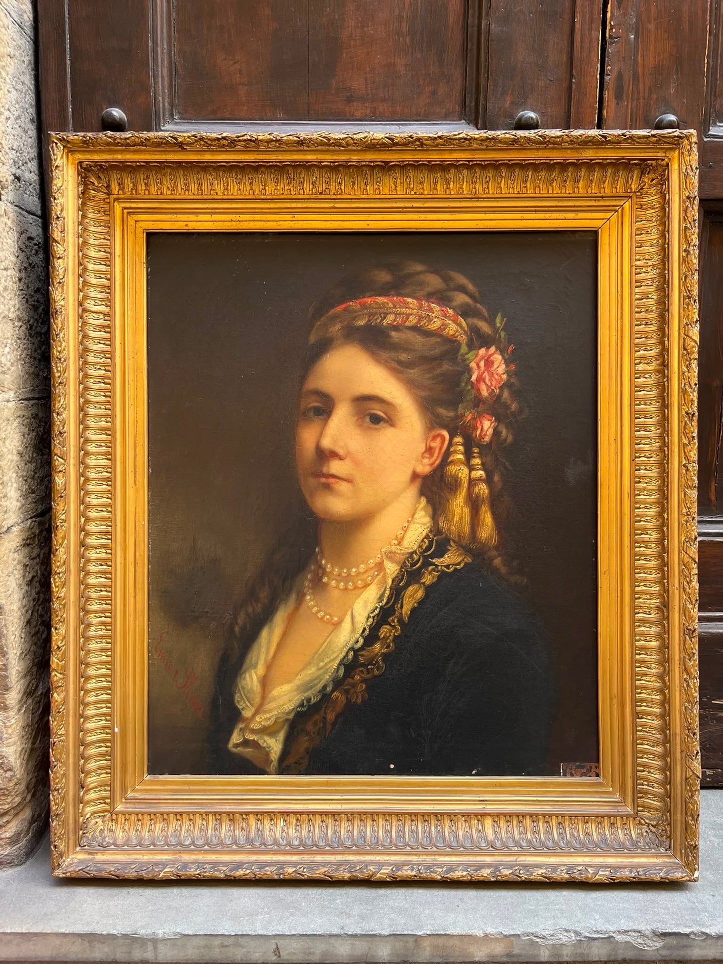 Ritratto di giovane donna in costume balcanico di influenza ottomana, firmato Emma Sterrer, ca. 1880