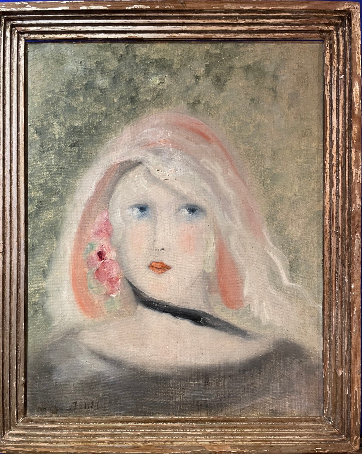 Seguace di Marie Laurencin, ritratto femminile con rosa, olio su tela, ca. 1929, 34,5 x 40,5 cm