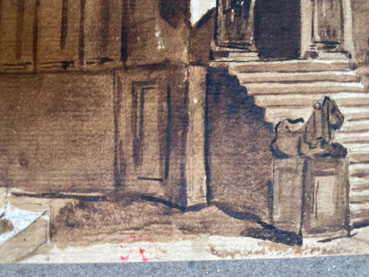 Scenografia architettonica con monumento a trofei, moro prigioniero e leoni. Amb. Fontanesi