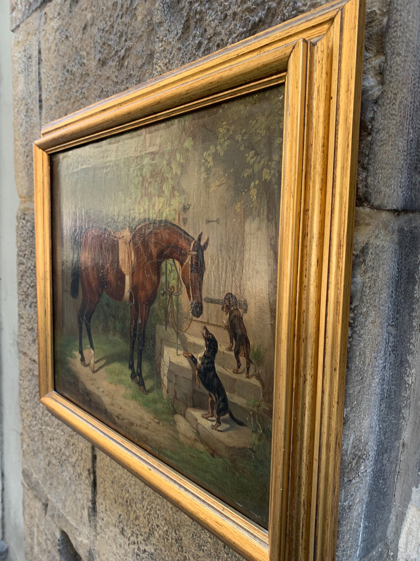 Courtyard Scene with Horse and Two Dachshunds. Anno 1870