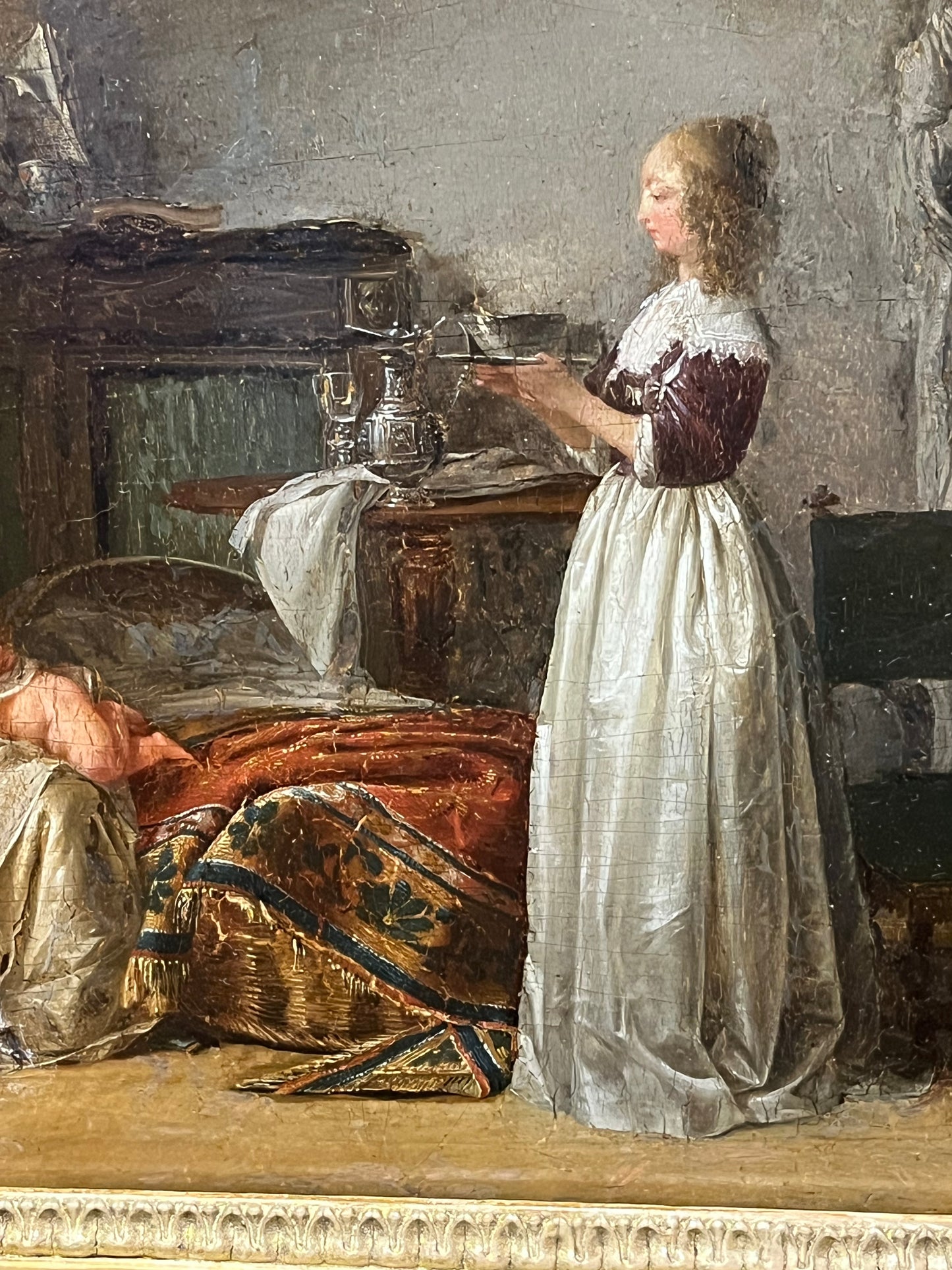 Jean-Baptiste Mallet (1759–1835), attribuito – Interno seicentesco con madre, bambini e musico con liuto