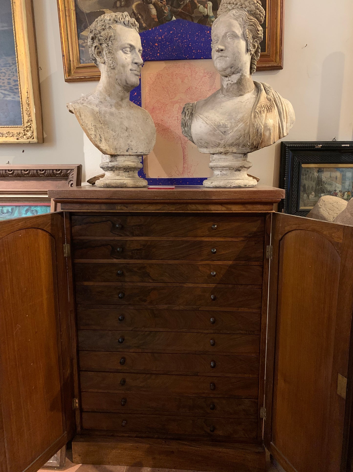 Drawer Archive Cabinet for Documents and Maps, 19th Century, Walnut Veneered Wood with Scagliola Top