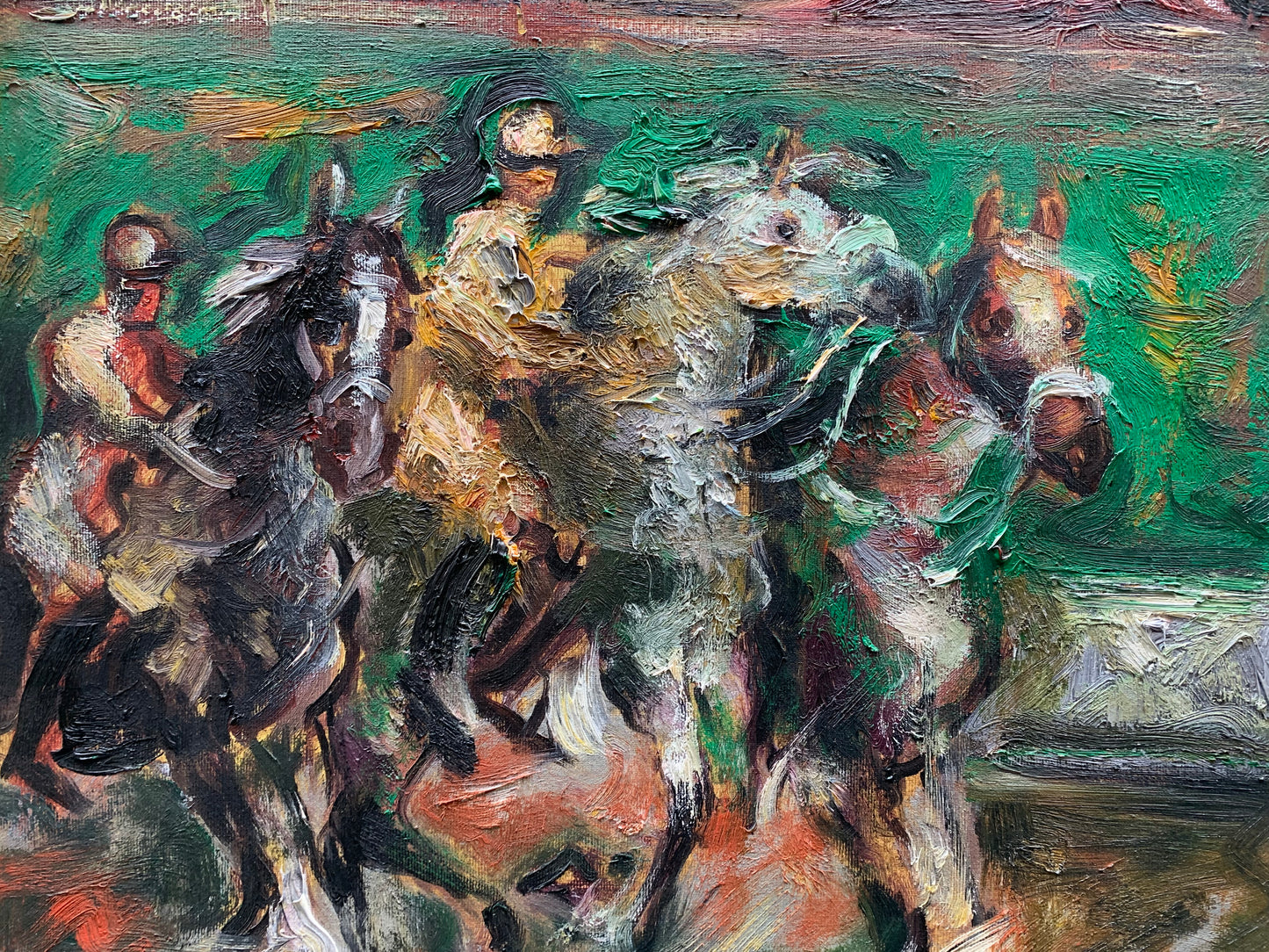 At the Racetrack, horses in the Cascine, Florence. Painting by Emanuele Cappello, born in 1936