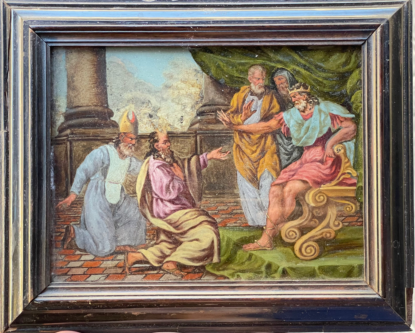 Mosè e Aronne davanti al Faraone, pittura sottovetro, cornice originale. 17 secolo