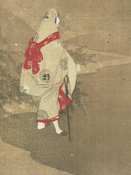 Dipinto giapponese su seta Meiji, figura femminile in kimono antico con obi rosso, 31 x 38 cm