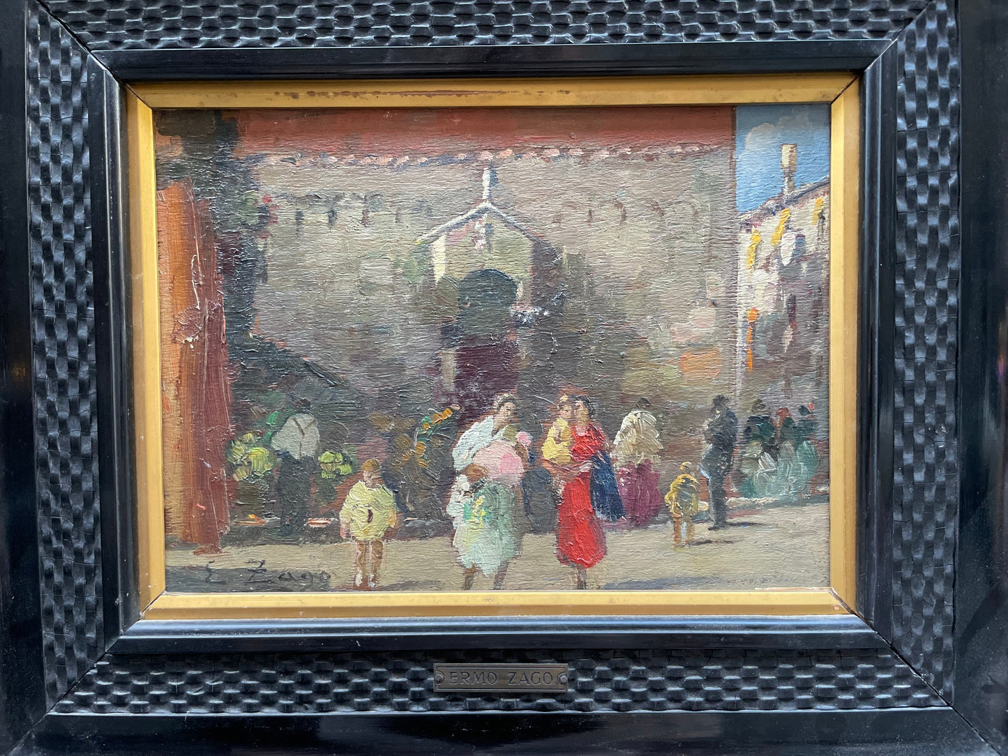 Erma Zago (1880-1942), Piccola veduta di Venezia con mercato presso una chiesa