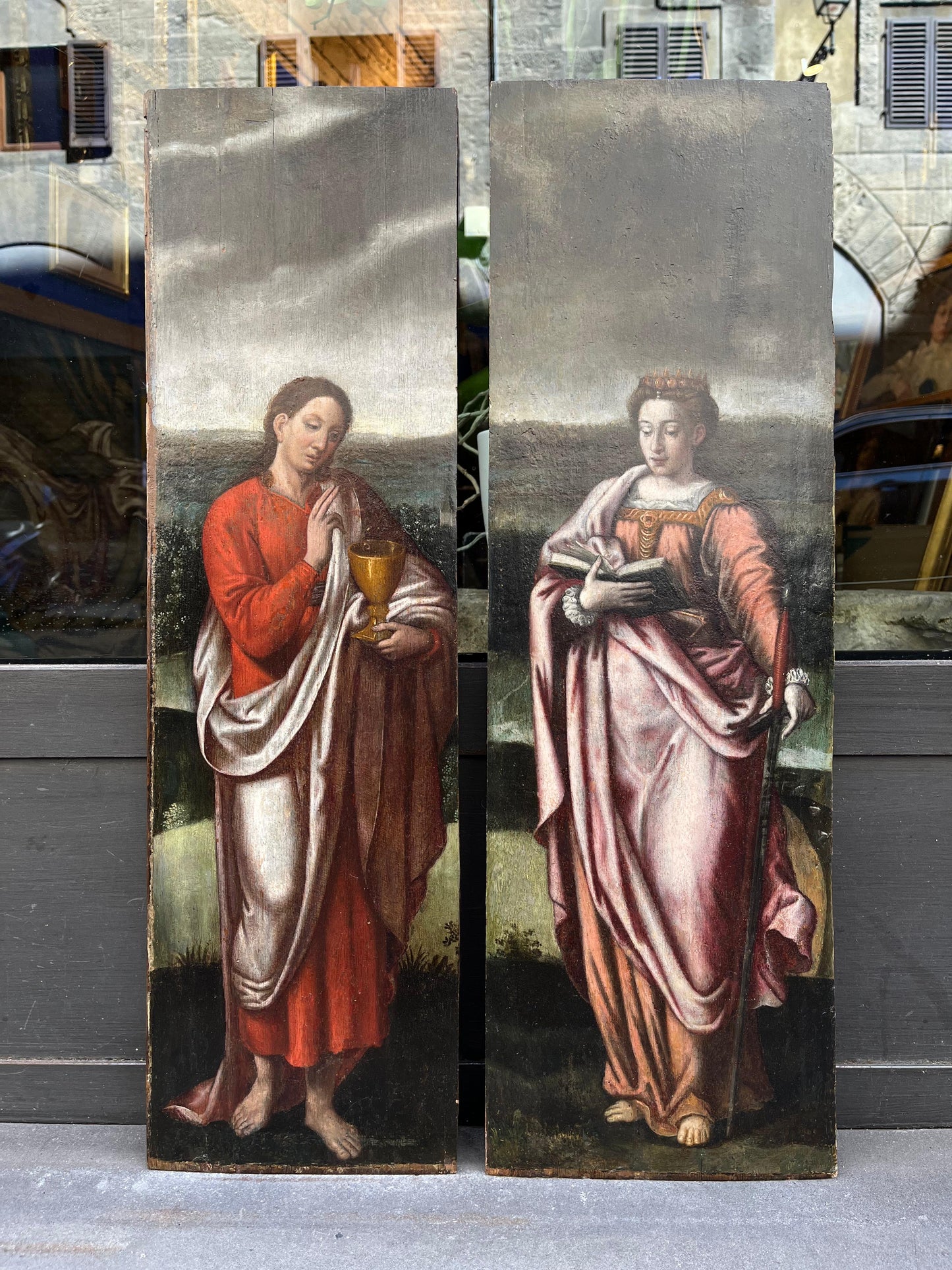 Santa Caterina e San Giovanni, due ante di polittico, scuola fiamminga, XVI secolo