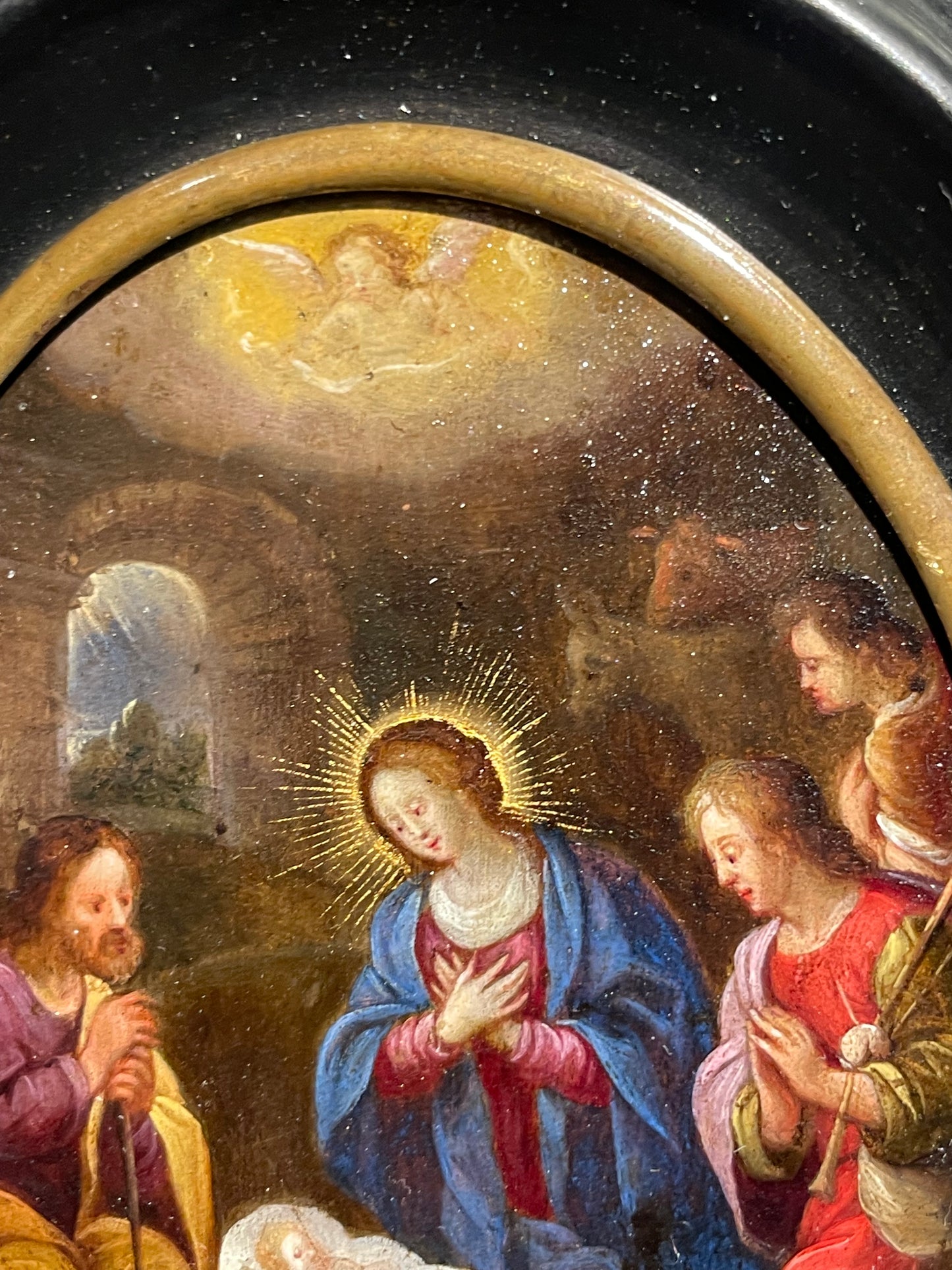 Reserved adorazione dei pastori. Scuola fiamminga, XVII secolo. Olio su rame