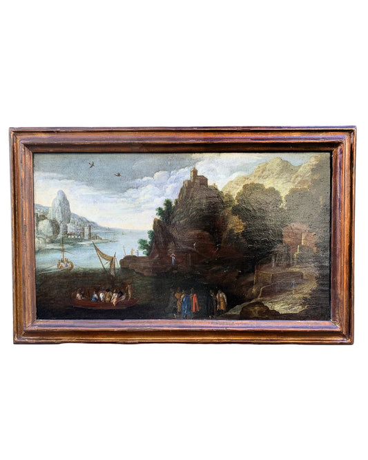 Paesaggio roccioso con barche, uomini e cavalli. XVII secolo. Pittore del manors Europa attivo in Italia