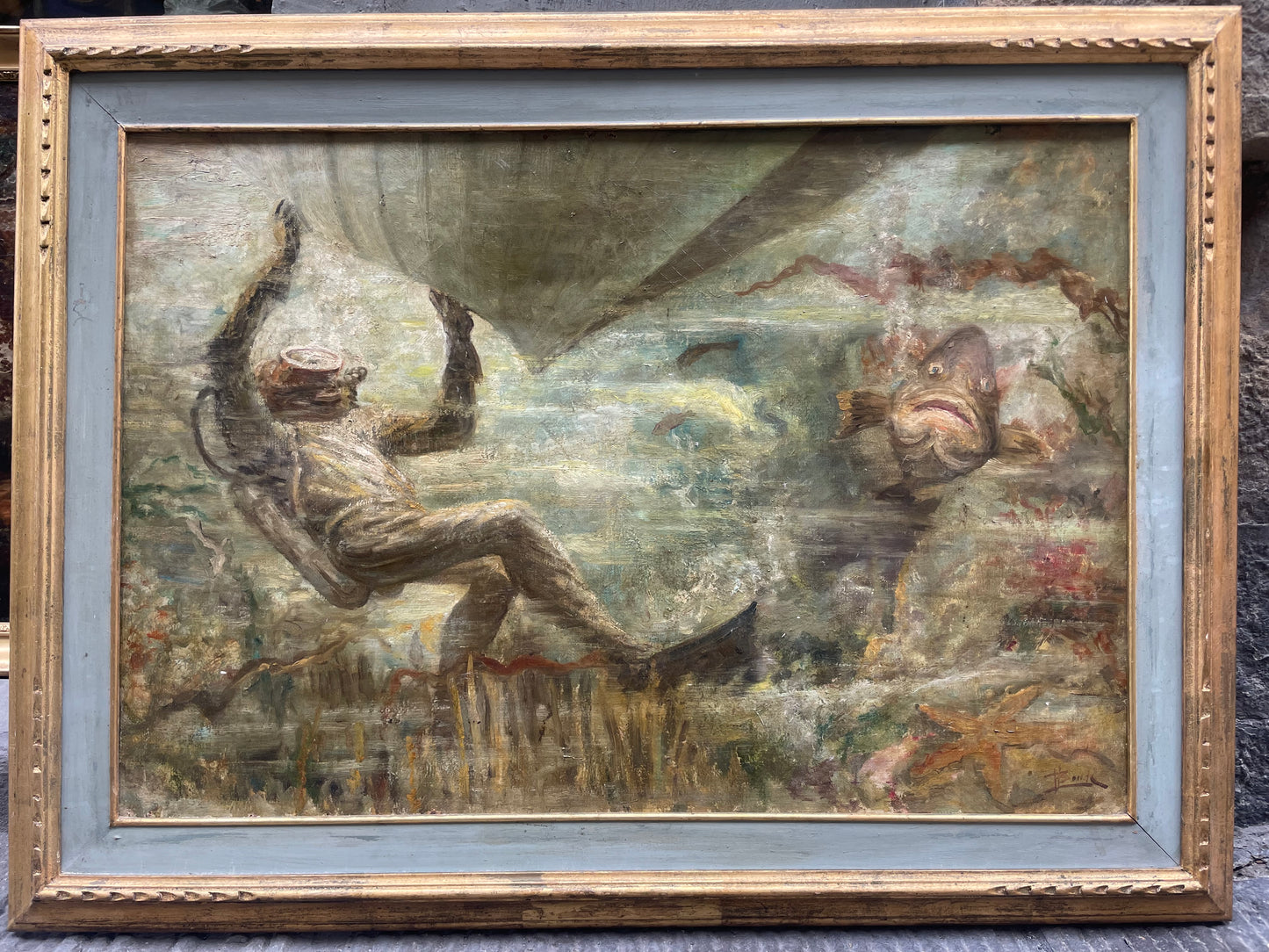 Subacqueo con cernia sotto una barca - Metà del XX secolo. Cm 99 x 74