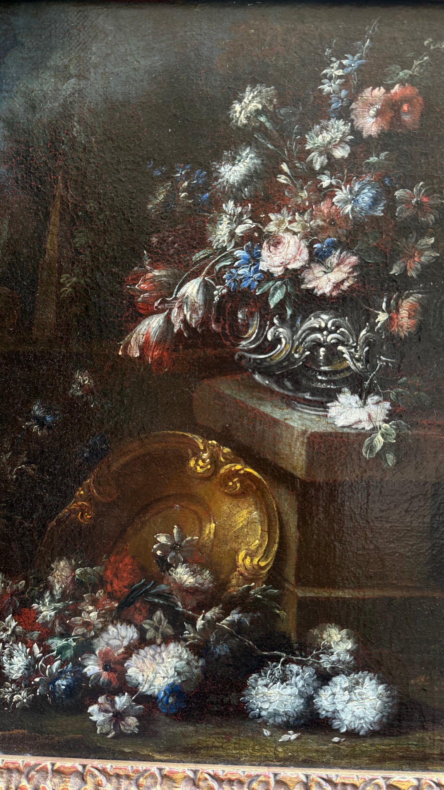 Gaspare Lopez, attribuzione Natura morta con fontana, obelisco e cascata di fiori in un giardino, Napoli, c. 1720