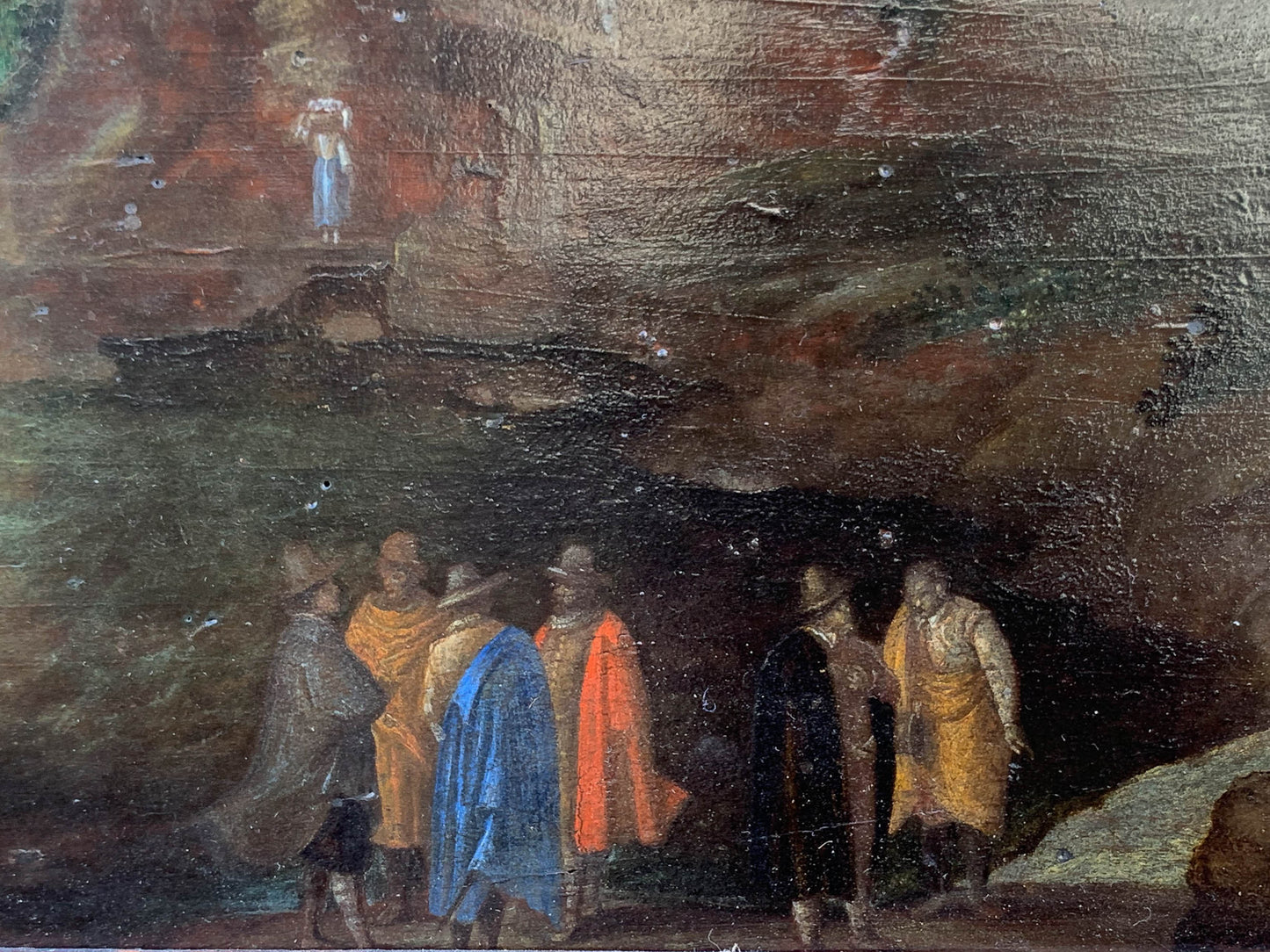 Paesaggio roccioso con barche, uomini e cavalli. XVII secolo. Pittore del manors Europa attivo in Italia