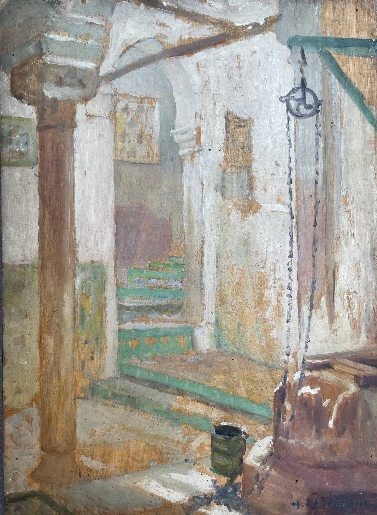 Henry d’Estienne (1872-1949) – Cortile interno nordafricano con pozzo e colonna