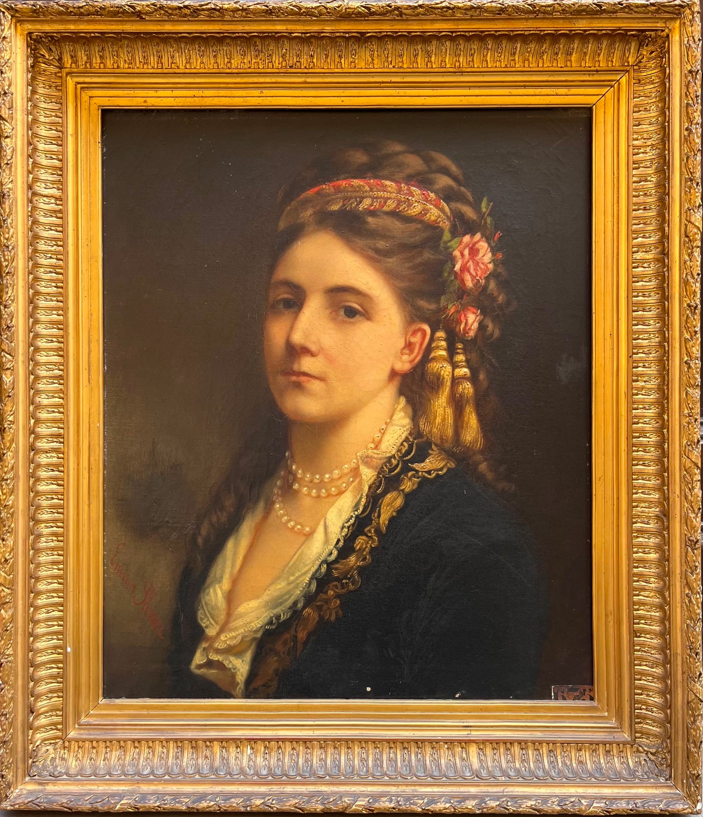 Ritratto di giovane donna in costume balcanico di influenza ottomana, firmato Emma Sterrer, ca. 1880