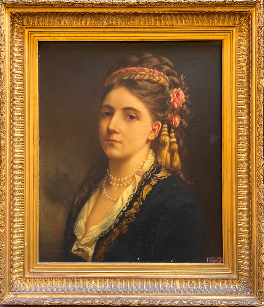 Ritratto di giovane donna in costume balcanico di influenza ottomana, firmato Emma Sterrer, ca. 1880