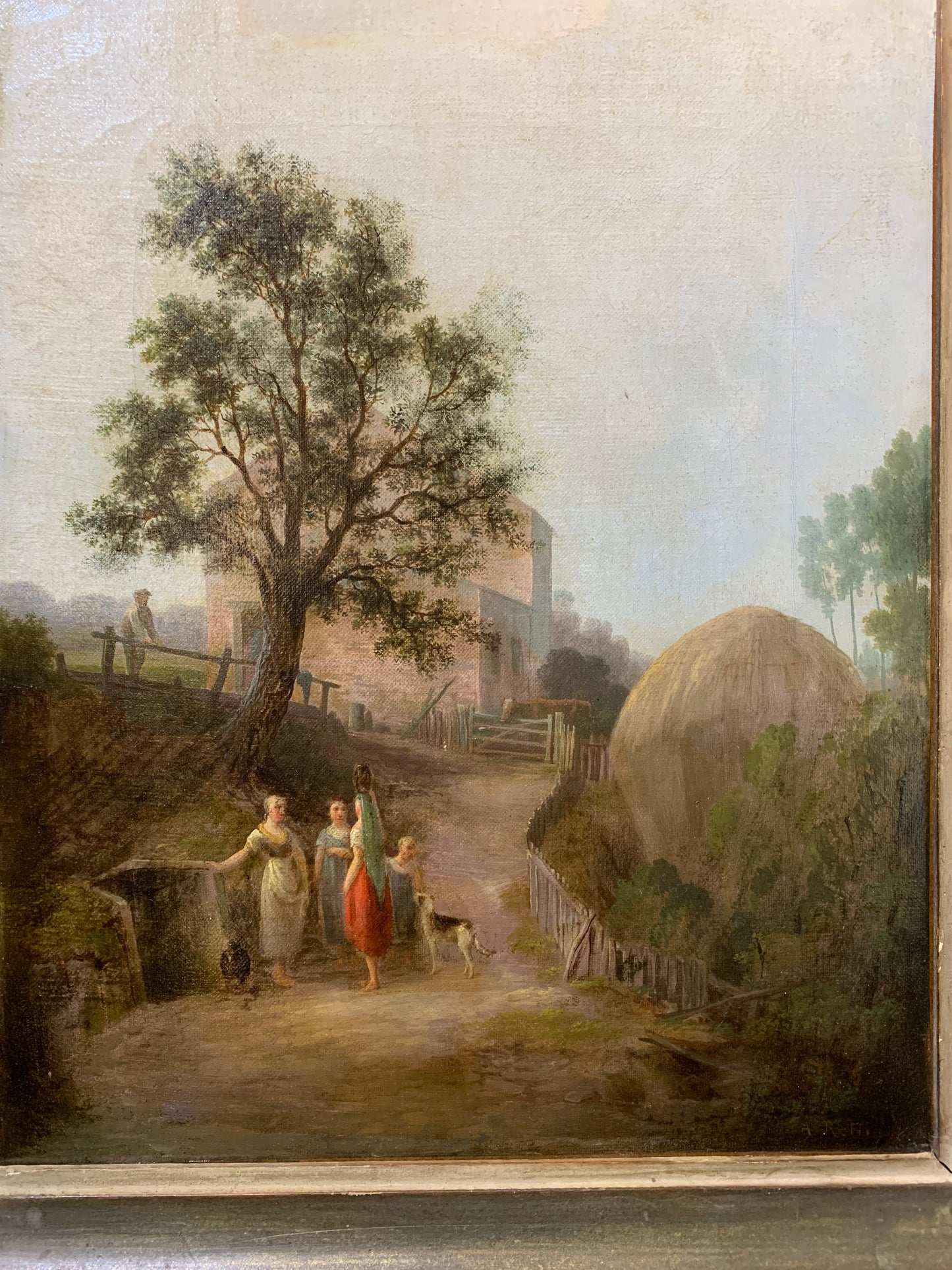 Rural scene with peasant women and countryside landscape. XIX century. Signed A. Retti (?)