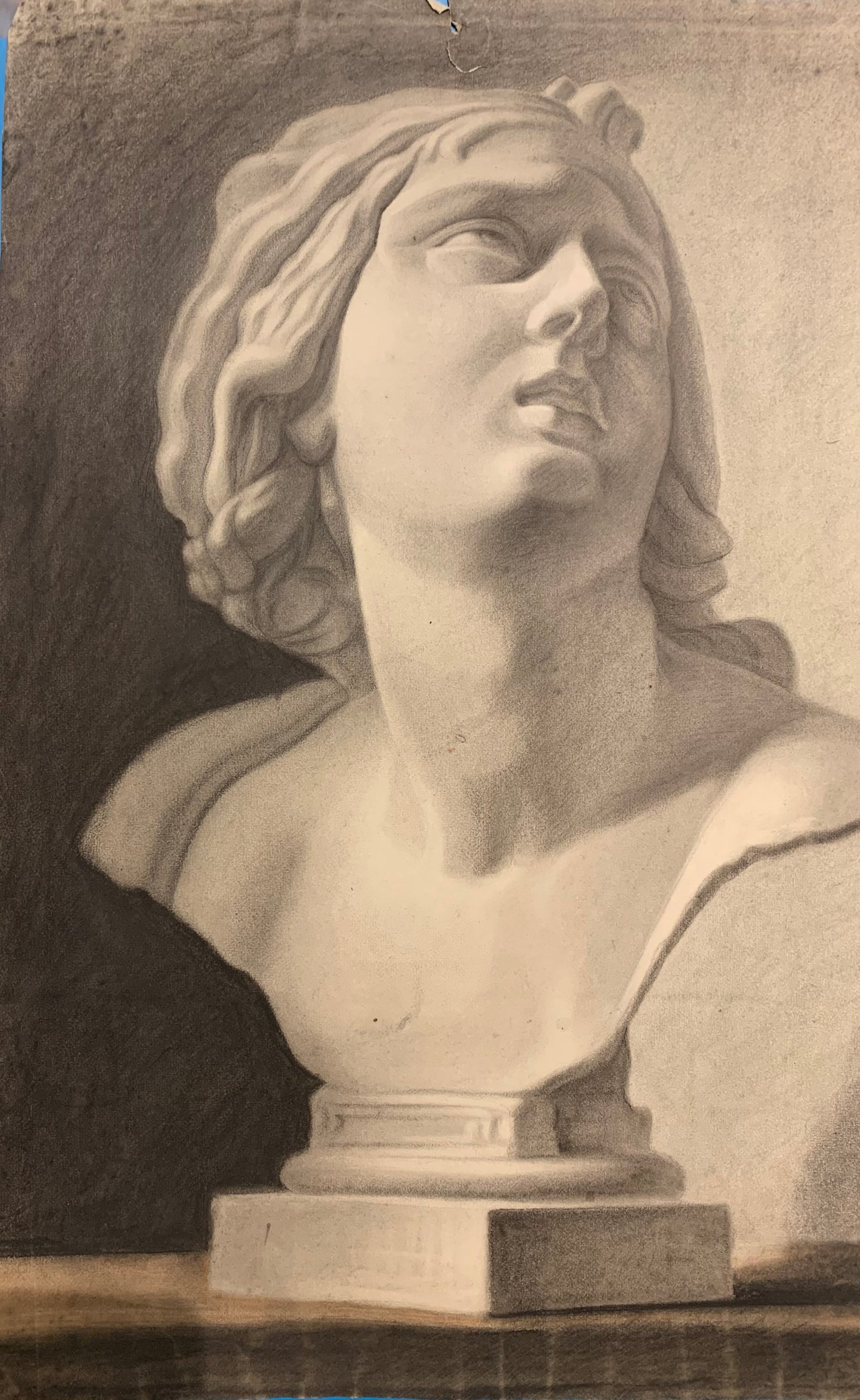 Academic drawing of classical bust sculpture. XIX century