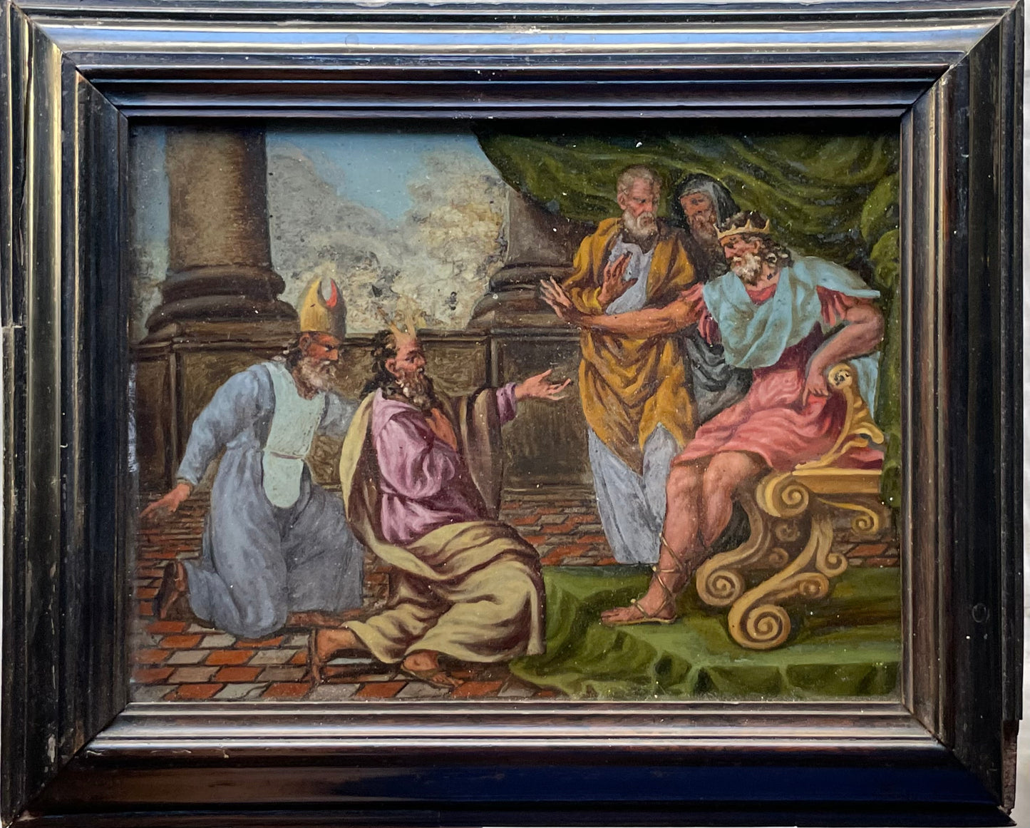 Mosè e Aronne davanti al Faraone, pittura sottovetro, cornice originale. 17 secolo