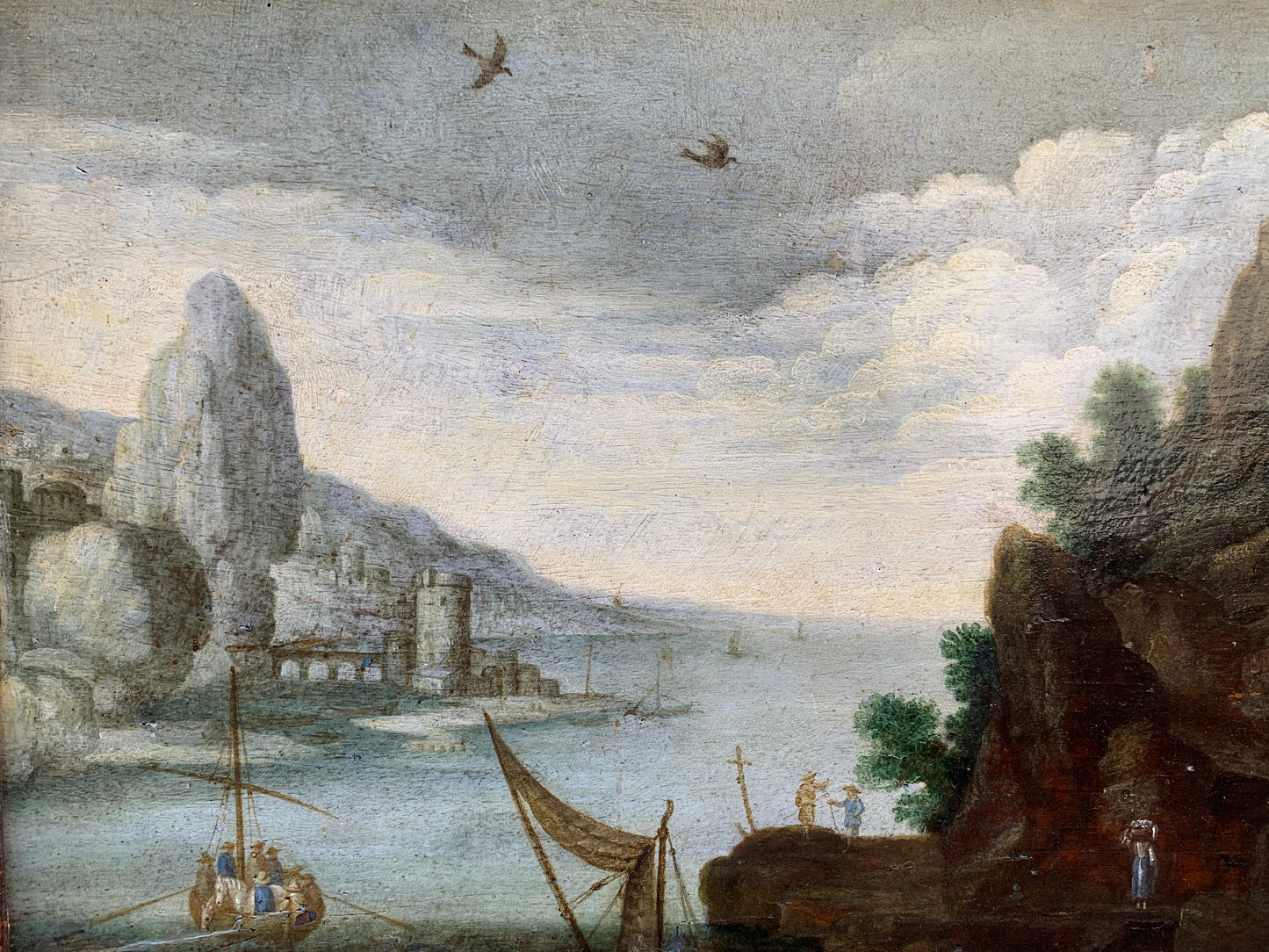 Paesaggio roccioso con barche, uomini e cavalli. XVII secolo. Pittore del manors Europa attivo in Italia